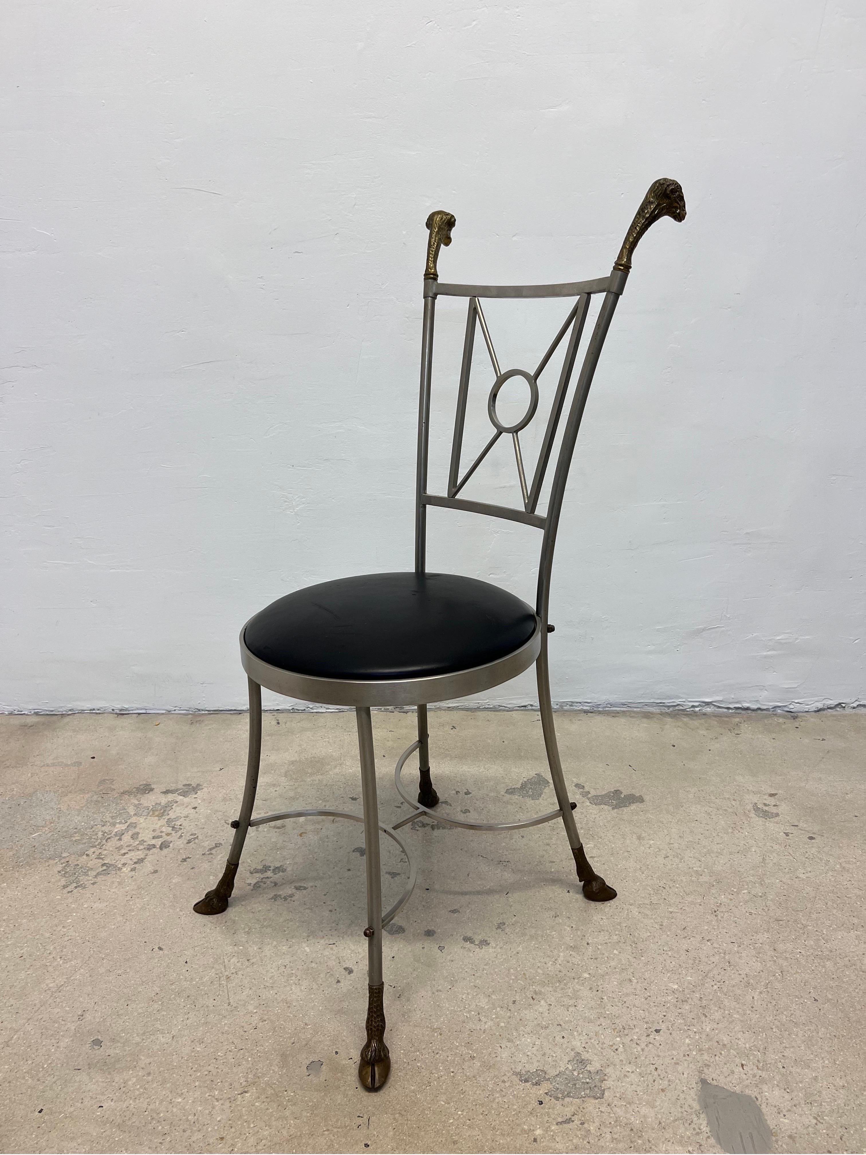 Brass Maison Jansen Style Rams Head and Steel Chair with Leather Seat