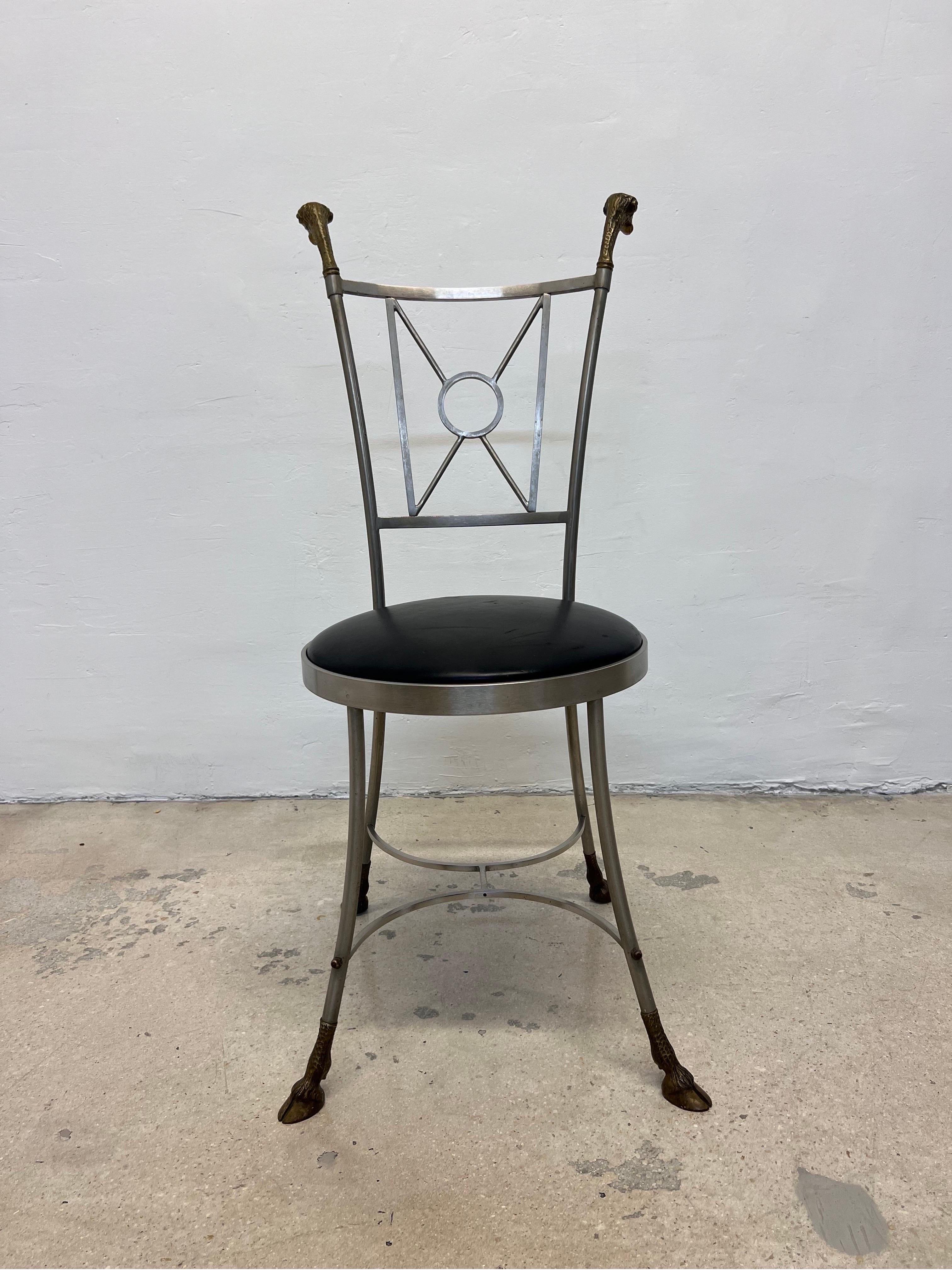 Maison Jansen Style Rams Head and Steel Chair with Leather Seat 1