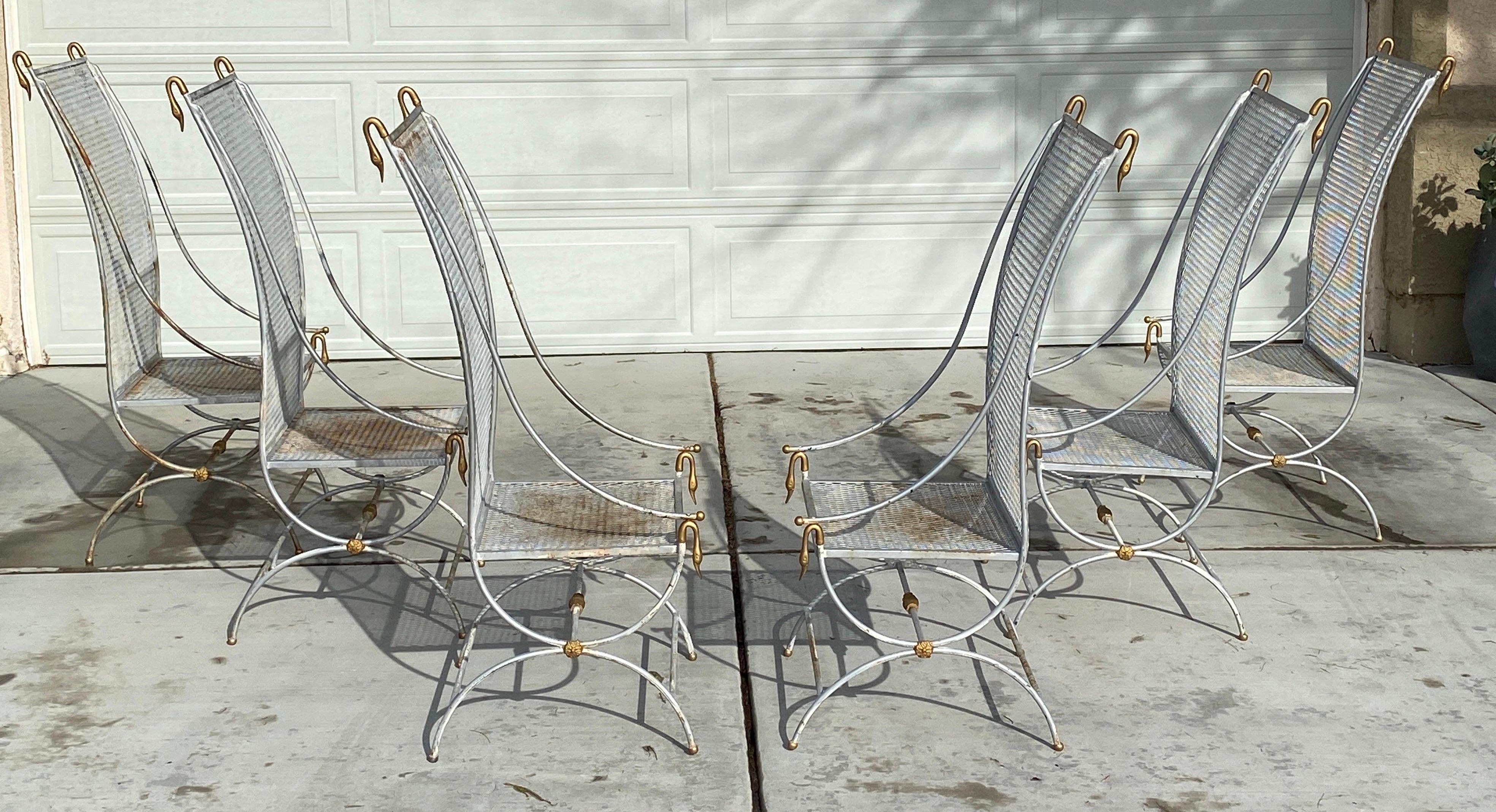 Maison Jansen Style Rare French Midcentury Patio Swan Chairs Set of 6 For Sale 5
