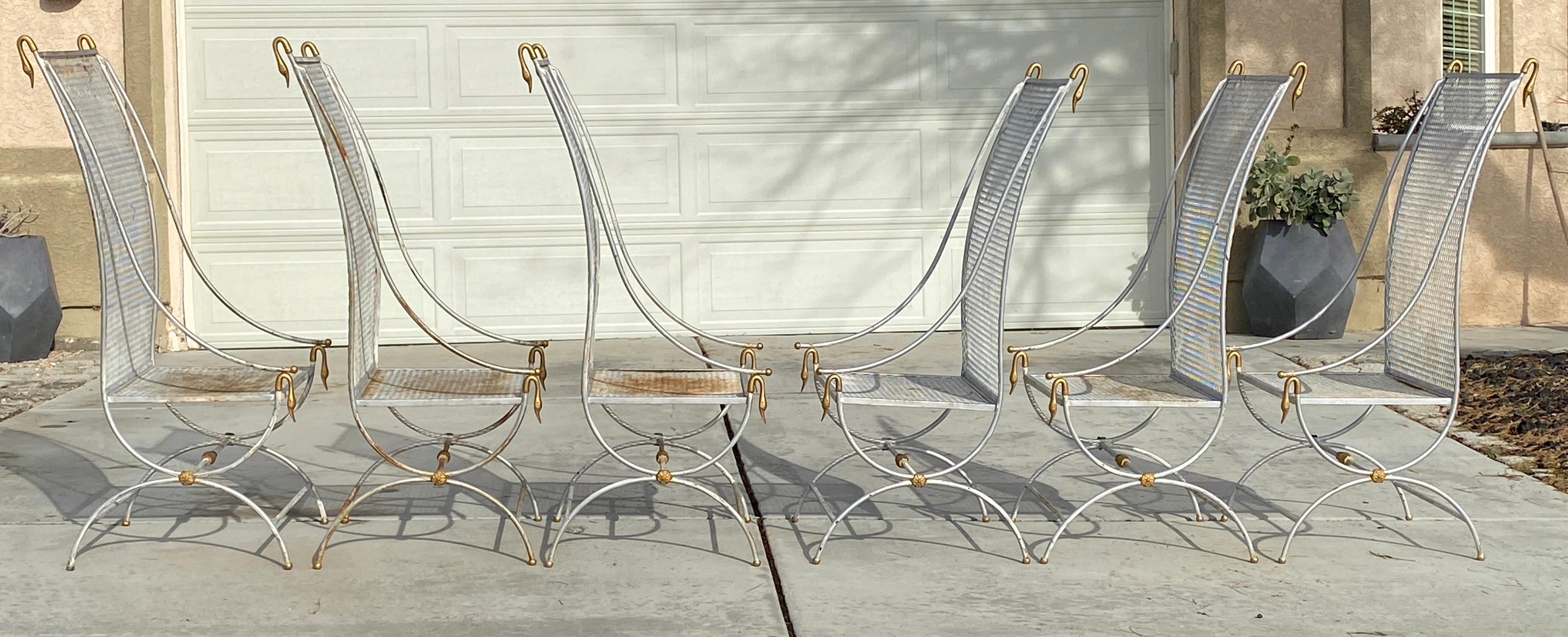 Maison Jansen Style Rare French Midcentury Patio Swan Chairs Set of 6 For Sale 7