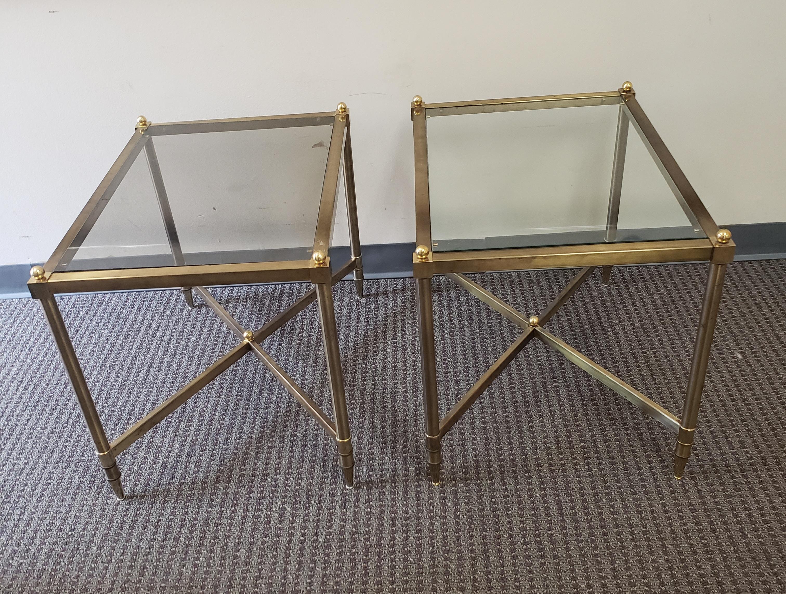 Hollywood Regency Maison Jansen Style Rectangular Brass and Glass Top Stretcher Base Side Tables