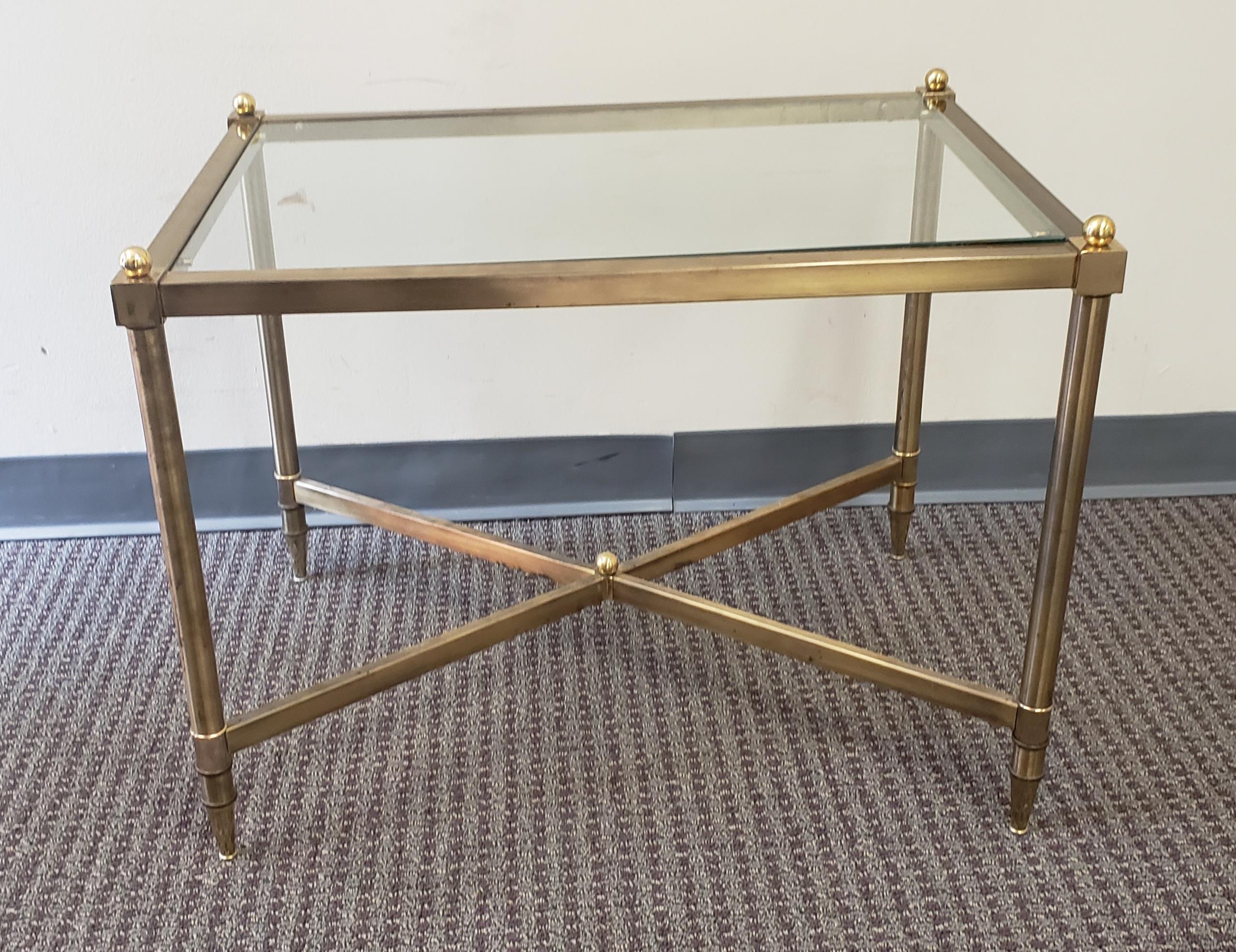 American Maison Jansen Style Rectangular Brass and Glass Top Stretcher Base Side Tables