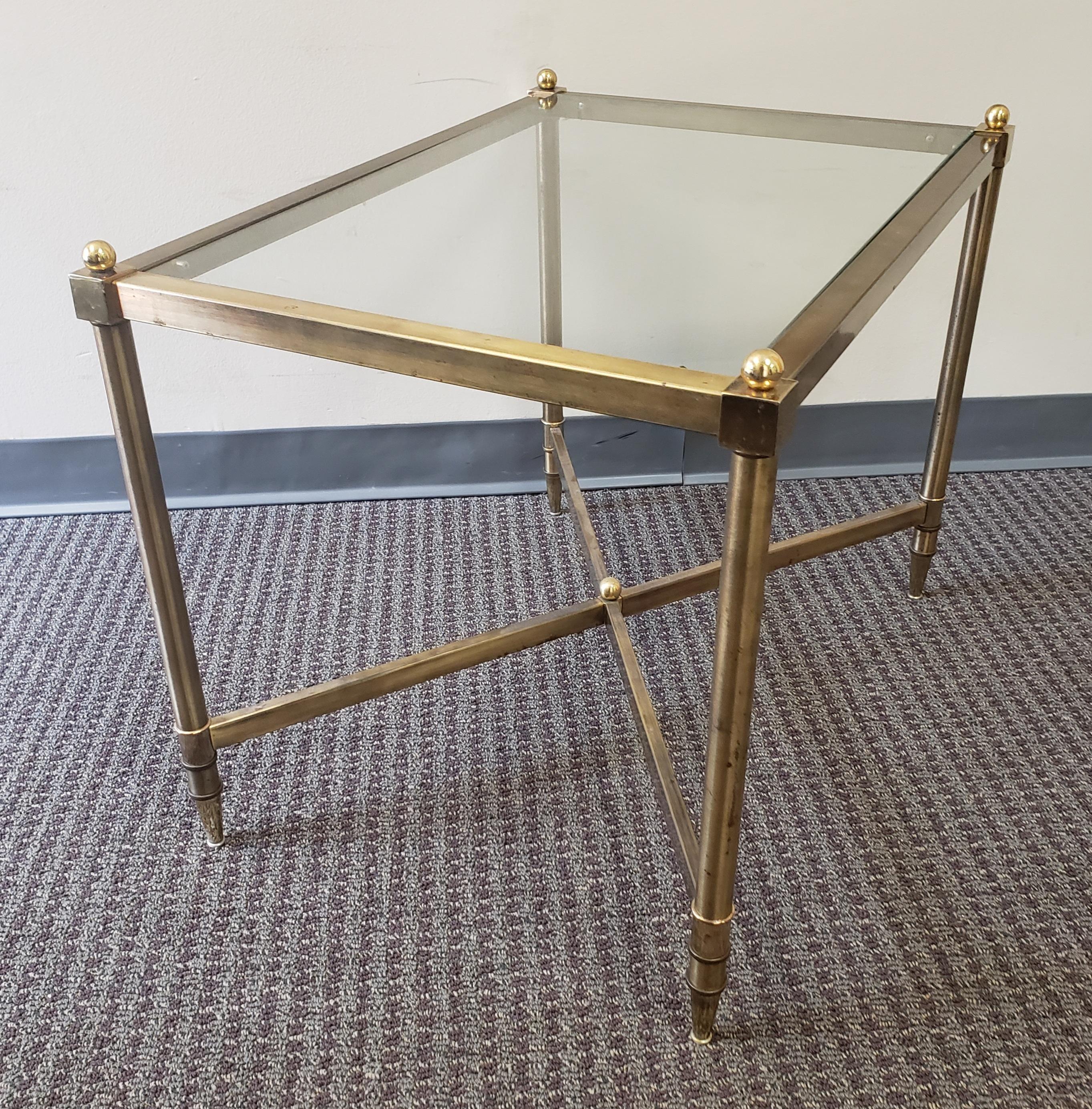 Metalwork Maison Jansen Style Rectangular Brass and Glass Top Stretcher Base Side Tables