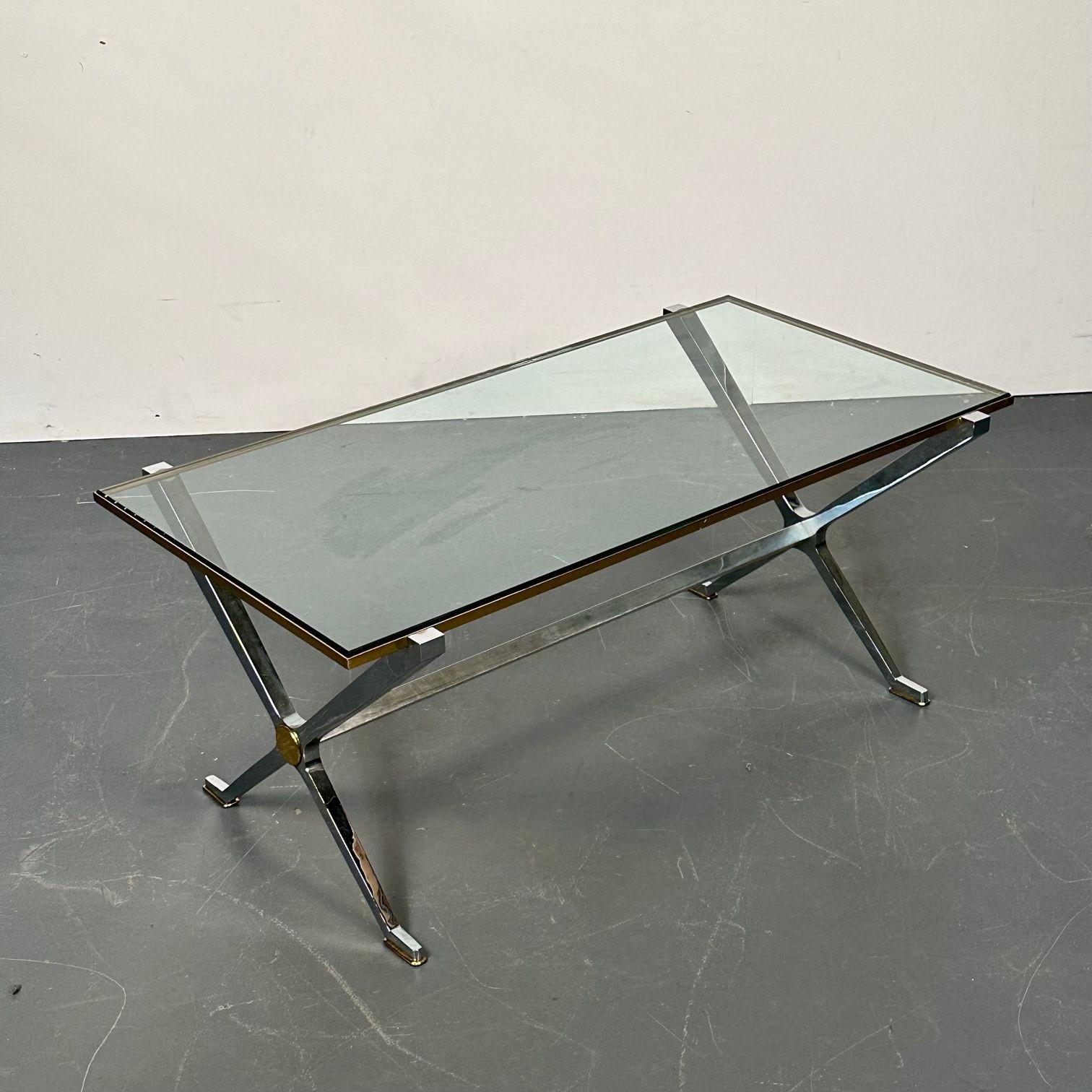 Maison Jansen Style Rectangular coffee table, steel and brass, Hollywood Regency
Hollywood Regency style Maison Jansen coffee or low table having a glass top on a steel and brass frame with a fine decorative undercarriage.
Brass, stainless