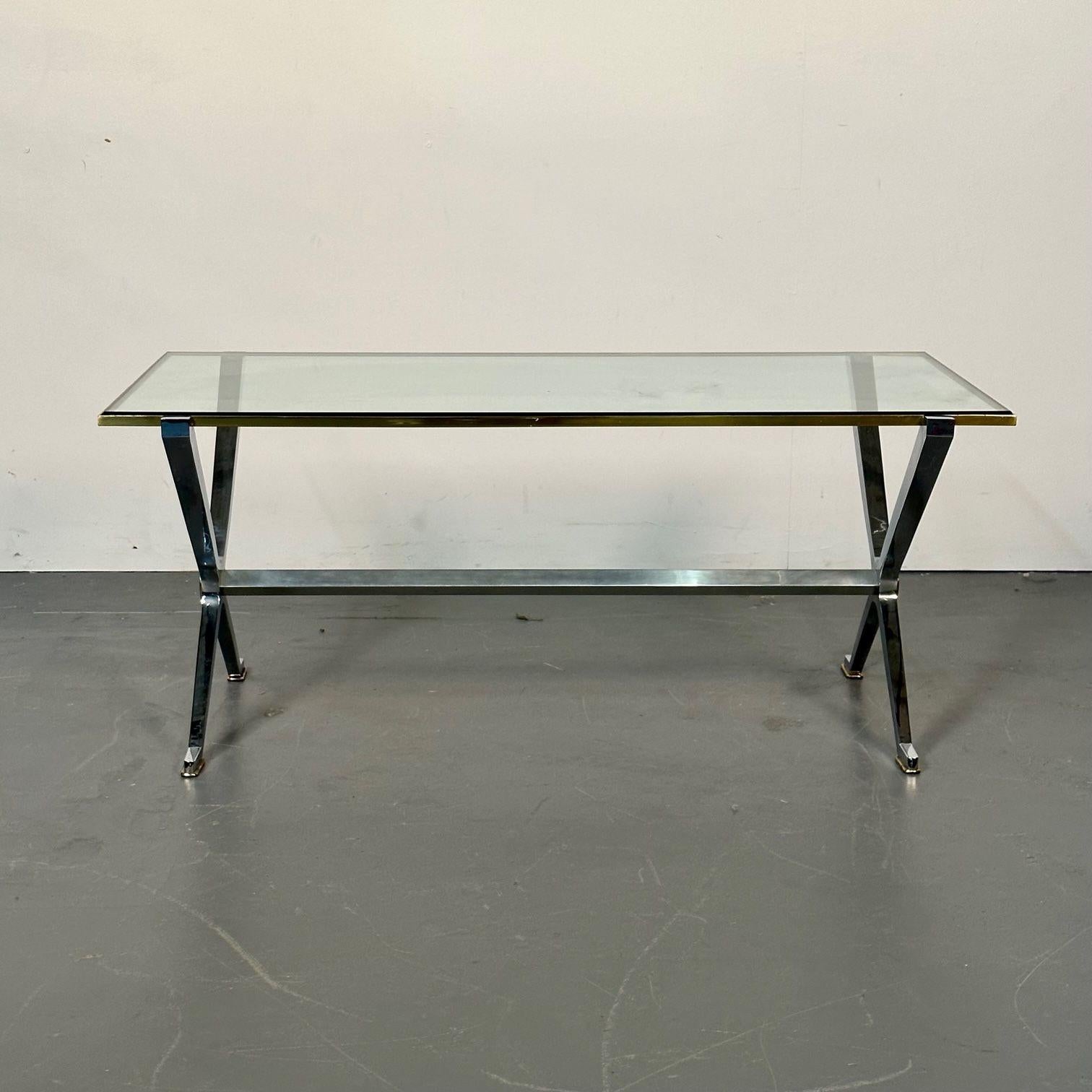 Maison Jansen Style Rectangular Coffee Table, Steel and Brass, Hollywood Regency In Good Condition For Sale In Stamford, CT