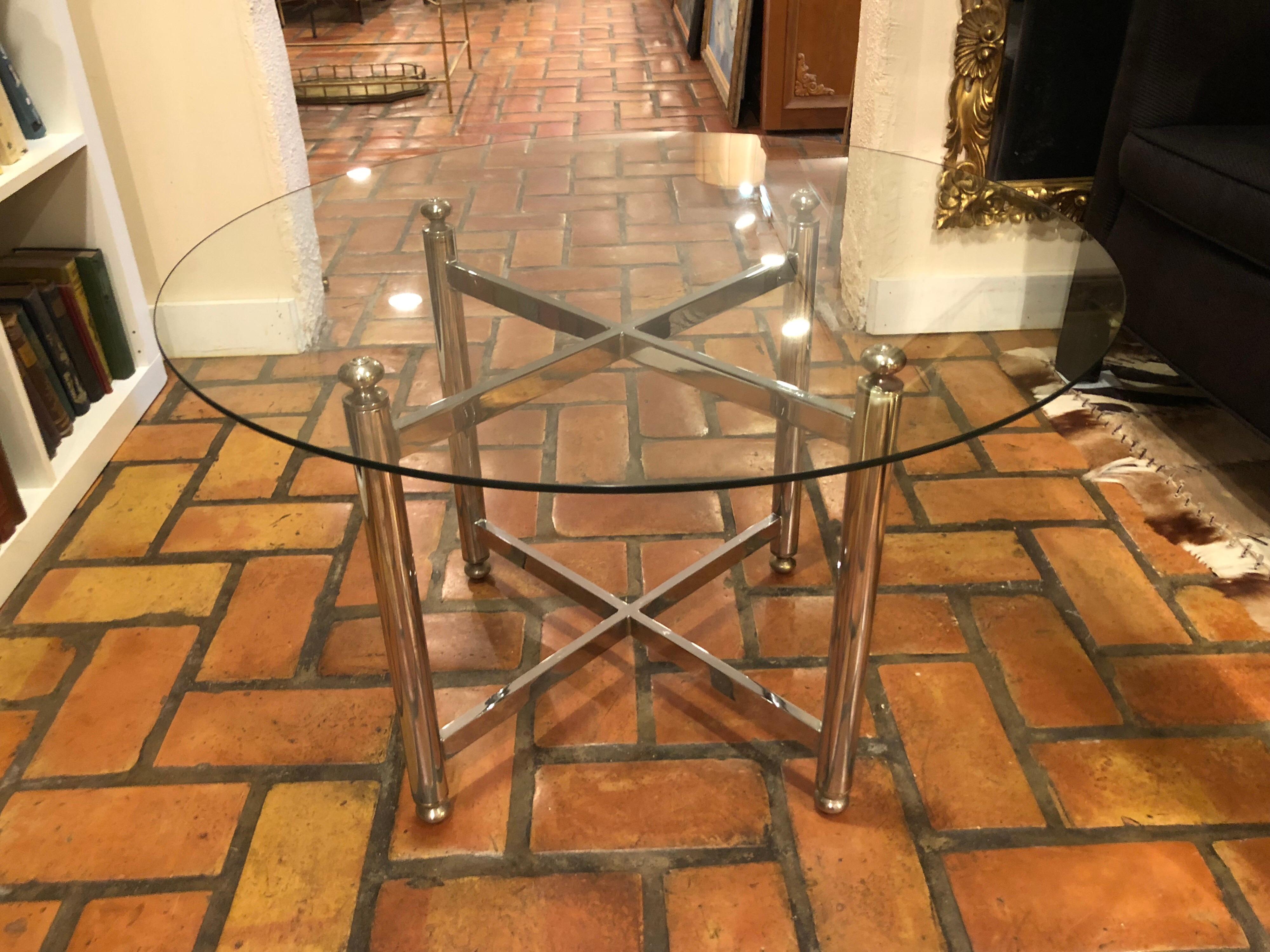 Maison Jansen Style Round Chrome, Brass and Glass Table 10