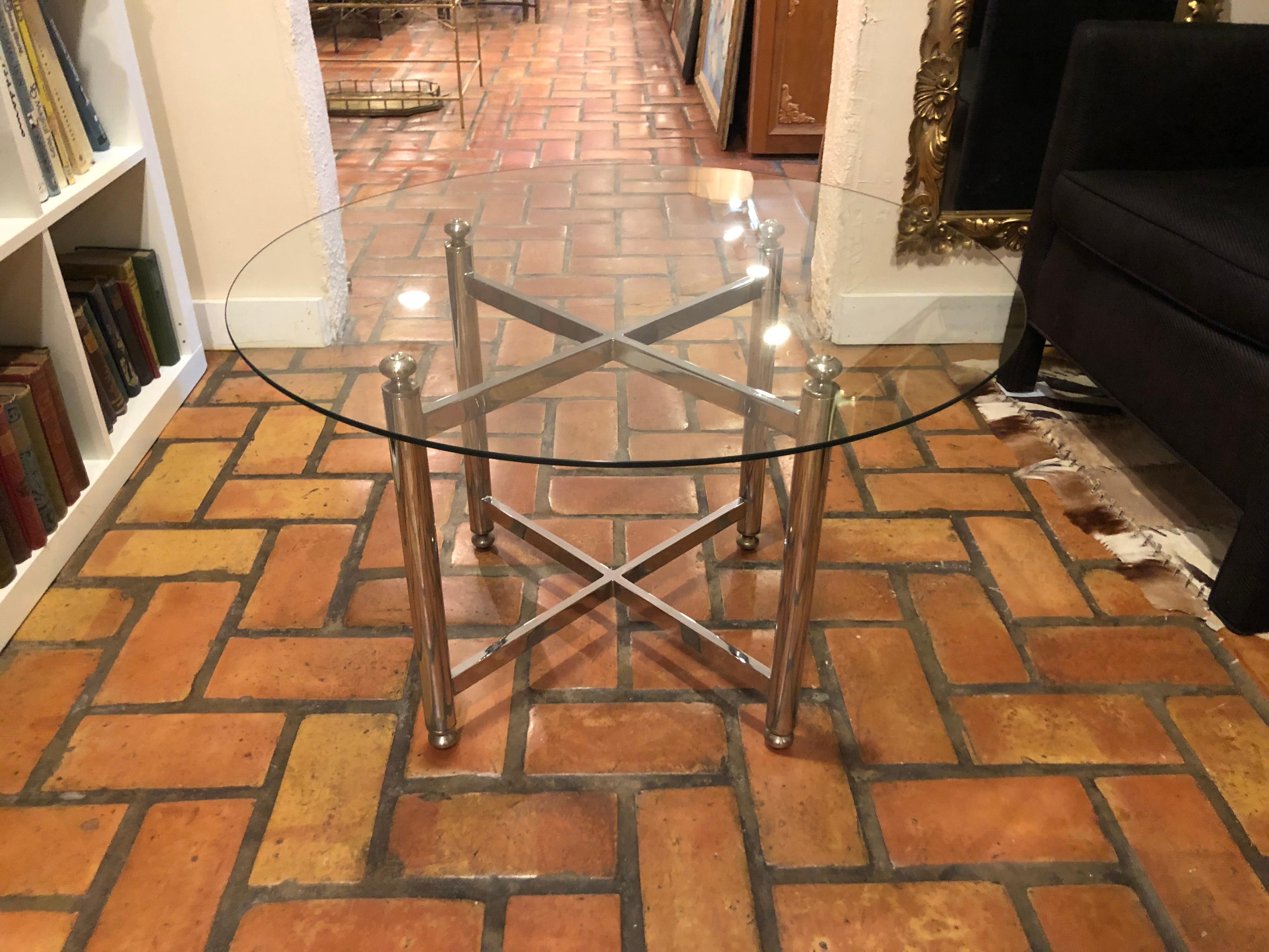 French Maison Jansen Style Round Chrome, Brass and Glass Table