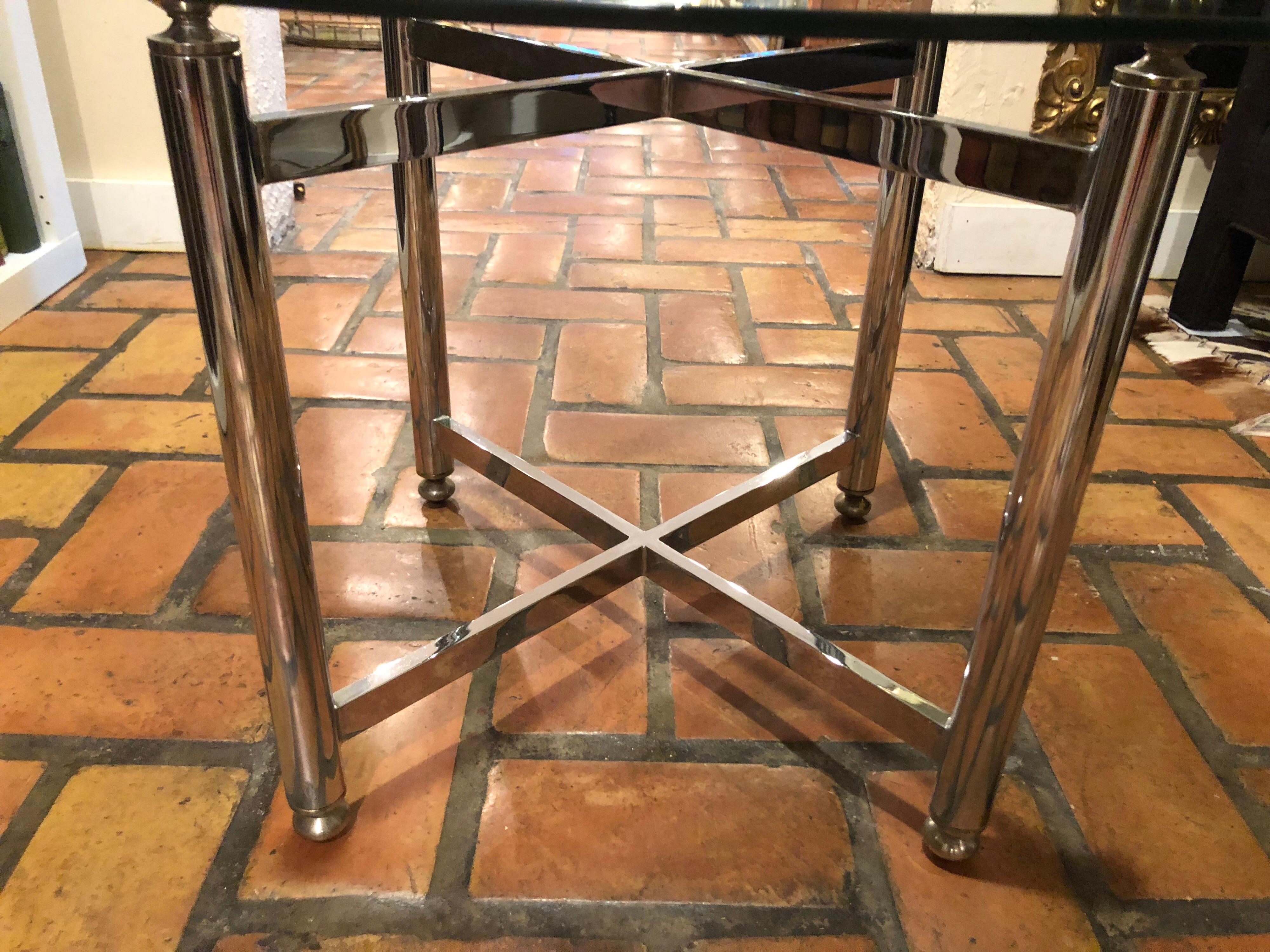Maison Jansen Style Round Chrome, Brass and Glass Table In Good Condition In Redding, CT