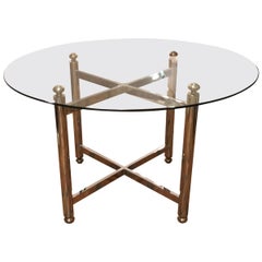 Maison Jansen Style Round Chrome, Brass and Glass Table