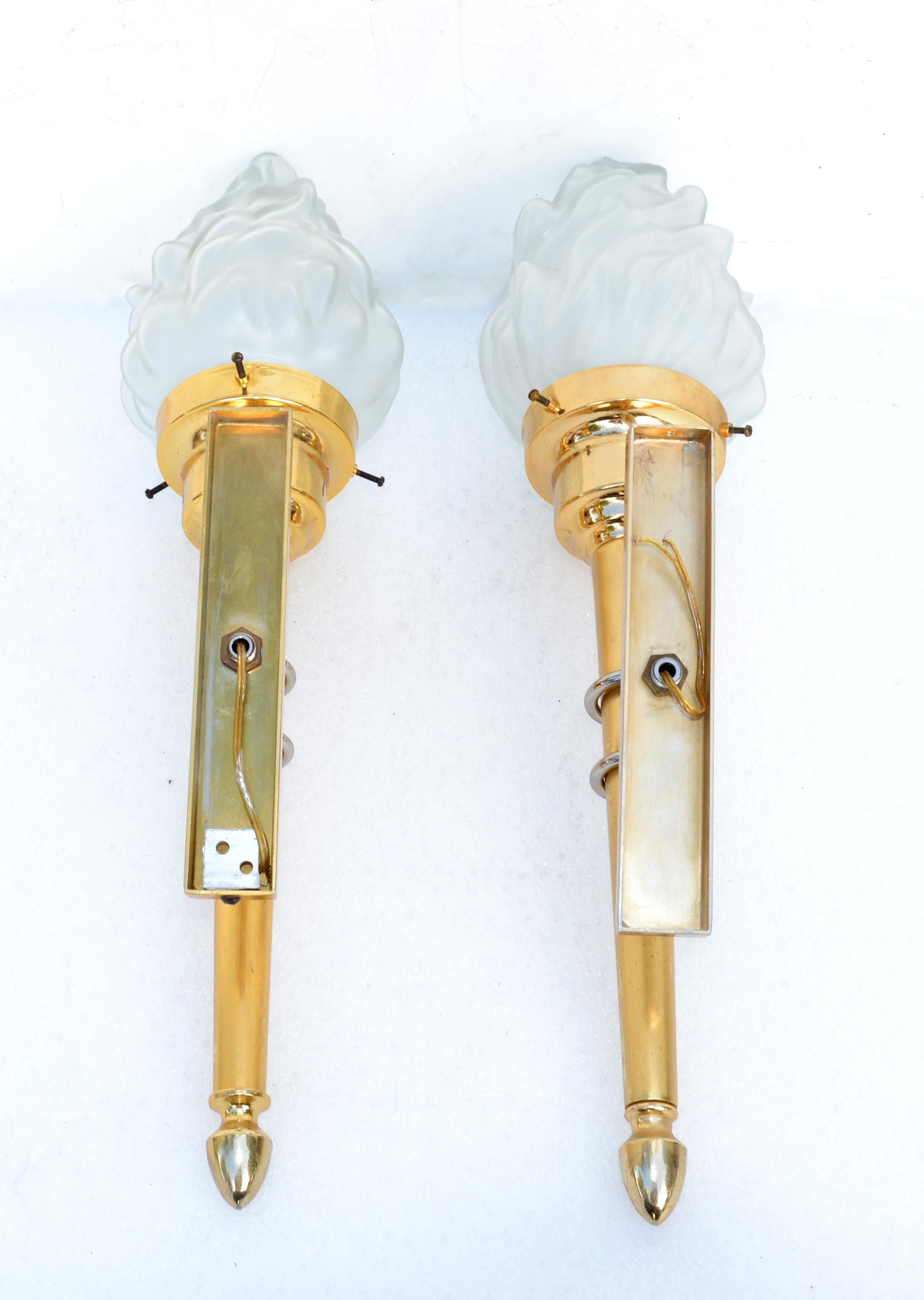 Maison Jansen Style Sconces Brass & Blown Glass Flame Shade France 1950, Pair For Sale 4
