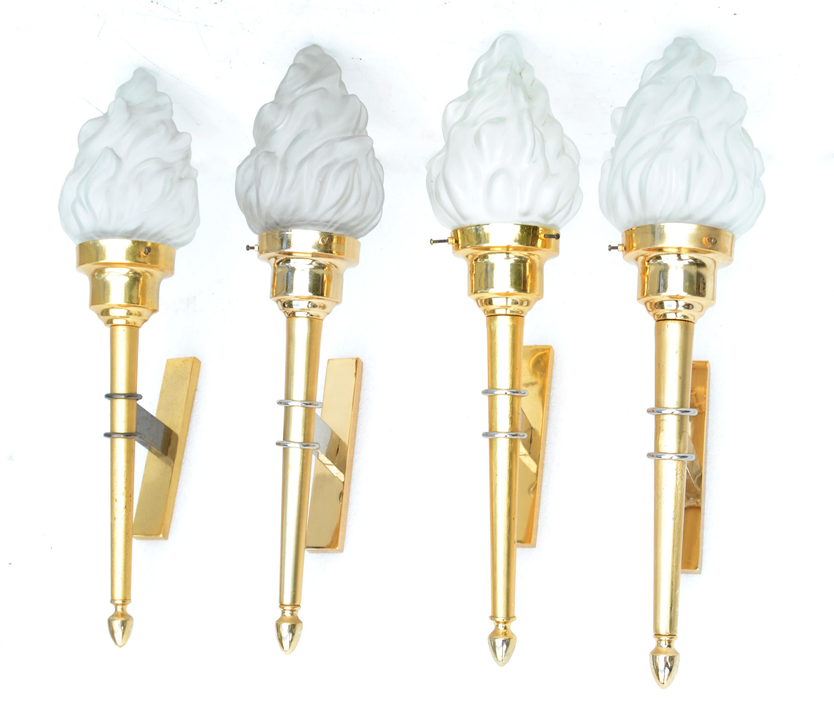 Maison Jansen Style Sconces Brass & Blown Glass Flame Shade France 1950, Pair For Sale 7