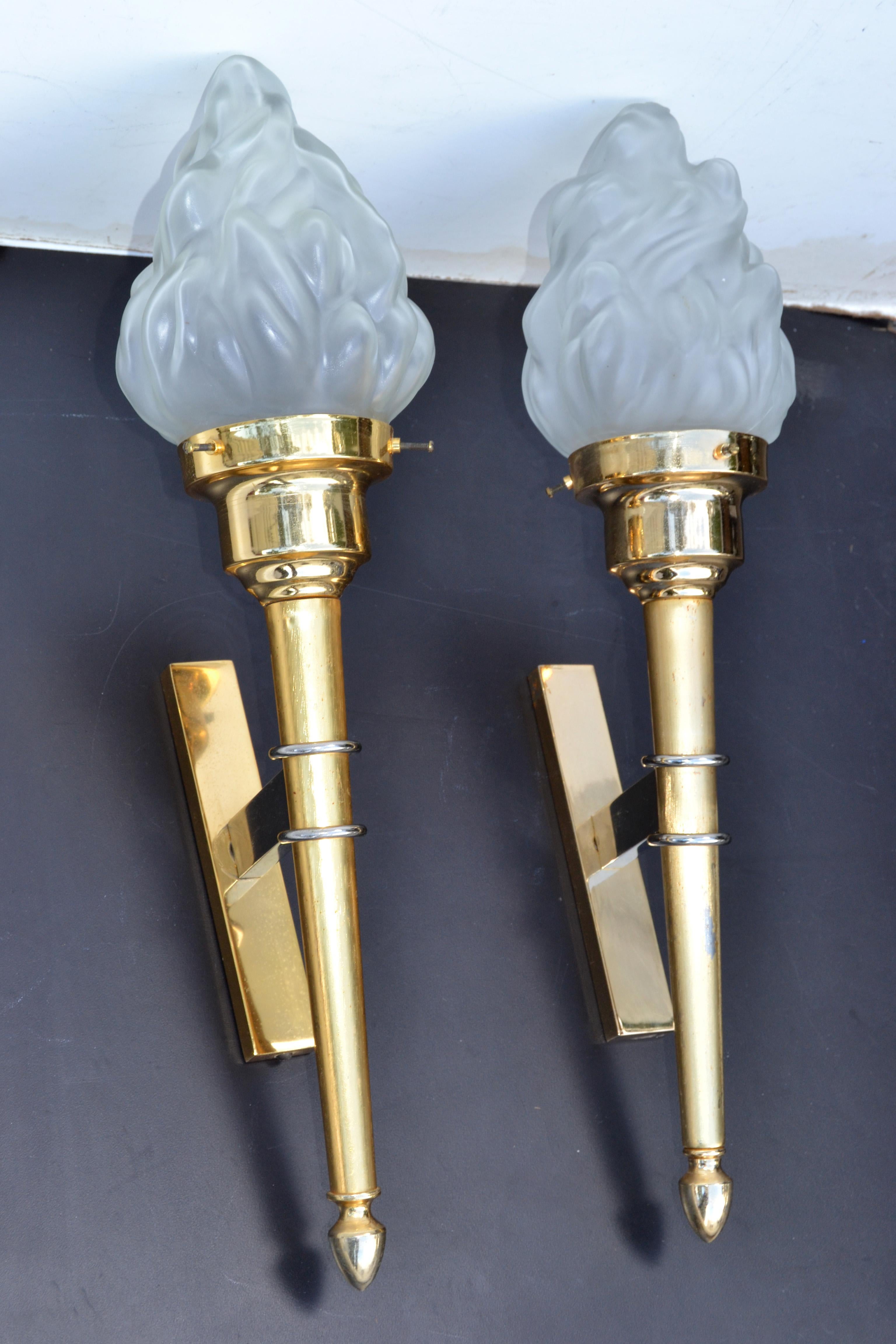 Neoclassical Maison Jansen Style Sconces Brass & Blown Glass Flame Shade France 1950, Pair For Sale