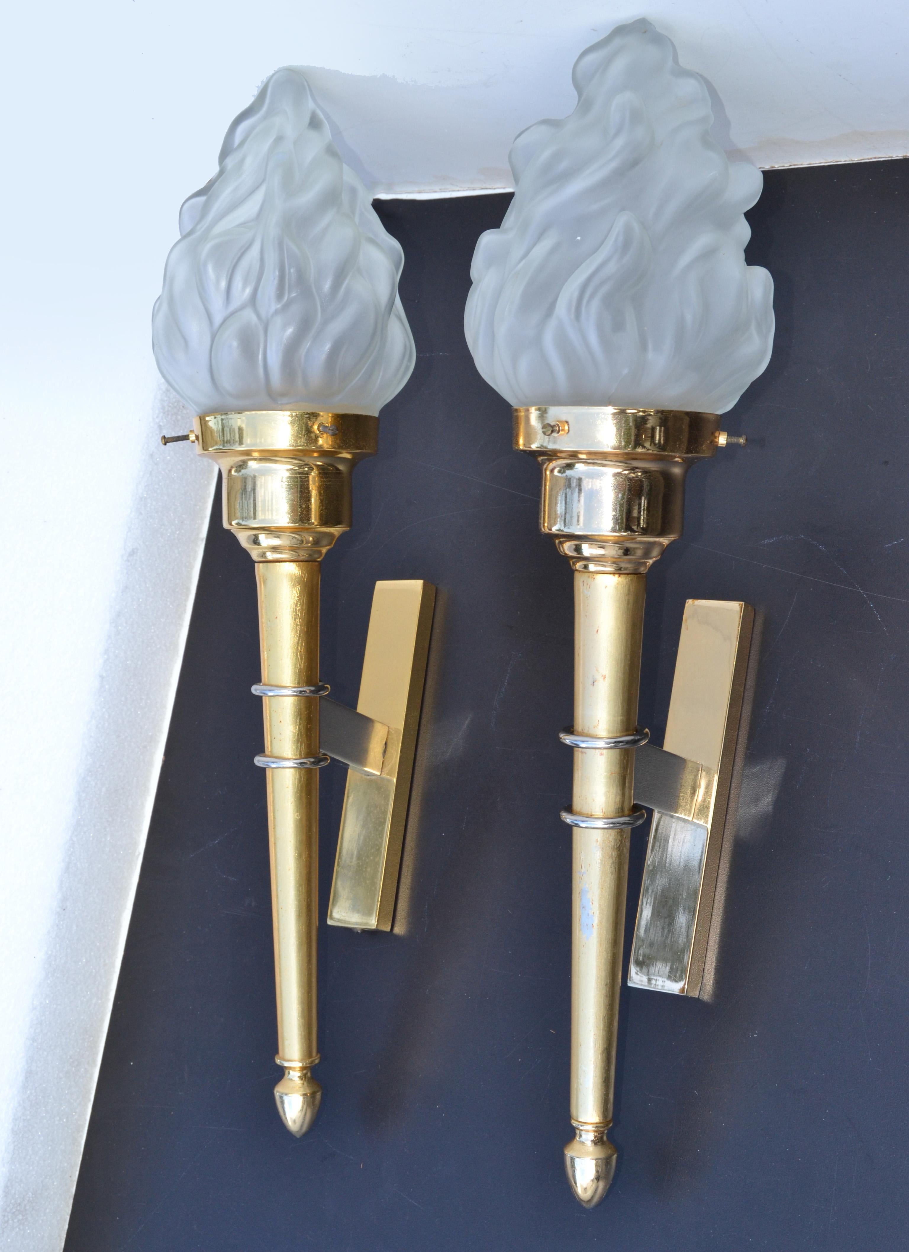 French Maison Jansen Style Sconces Brass & Blown Glass Flame Shade France 1950, Pair For Sale