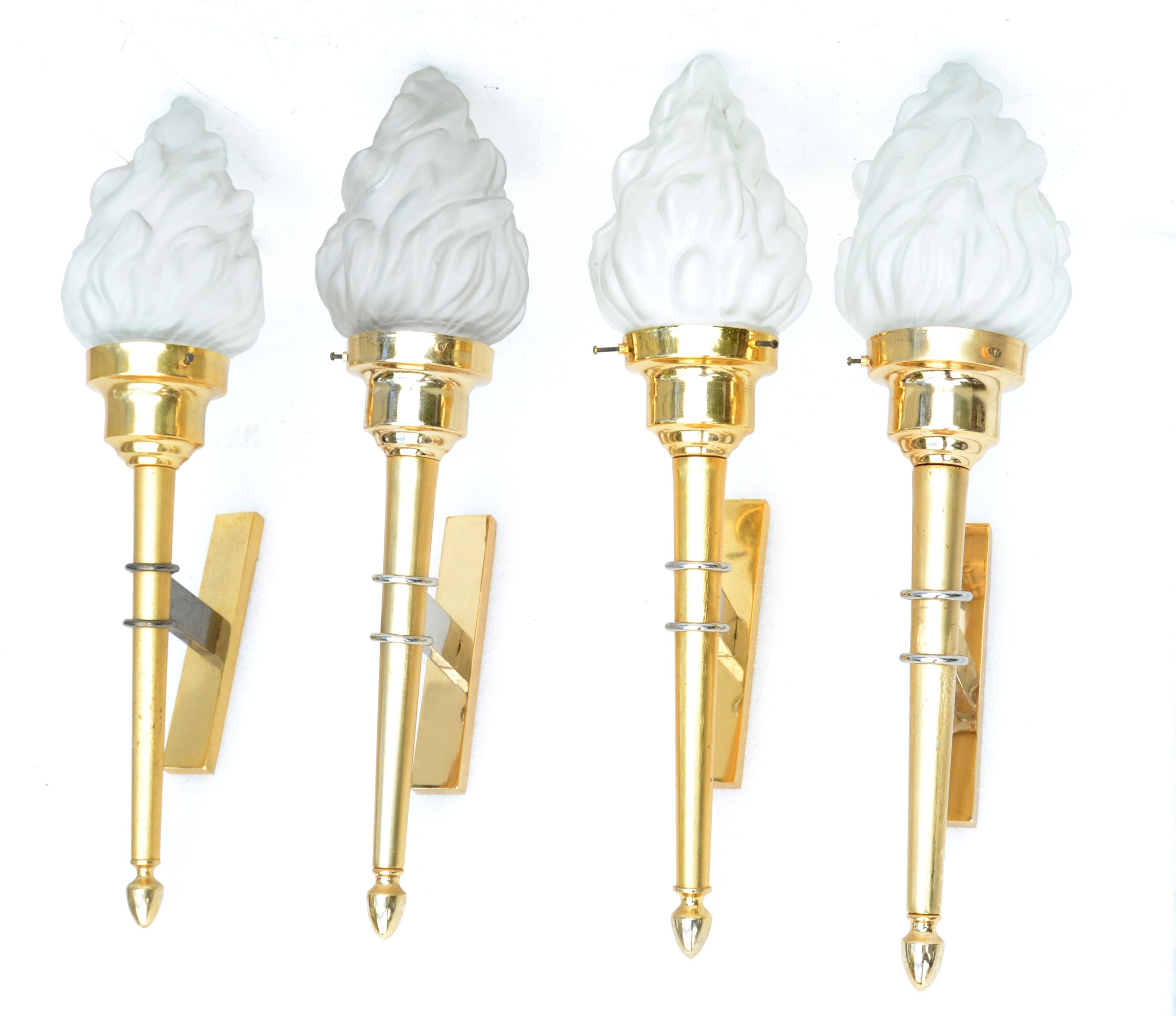 Polished Maison Jansen Style Sconces Brass & Blown Glass Flame Shade France 1950, Pair For Sale