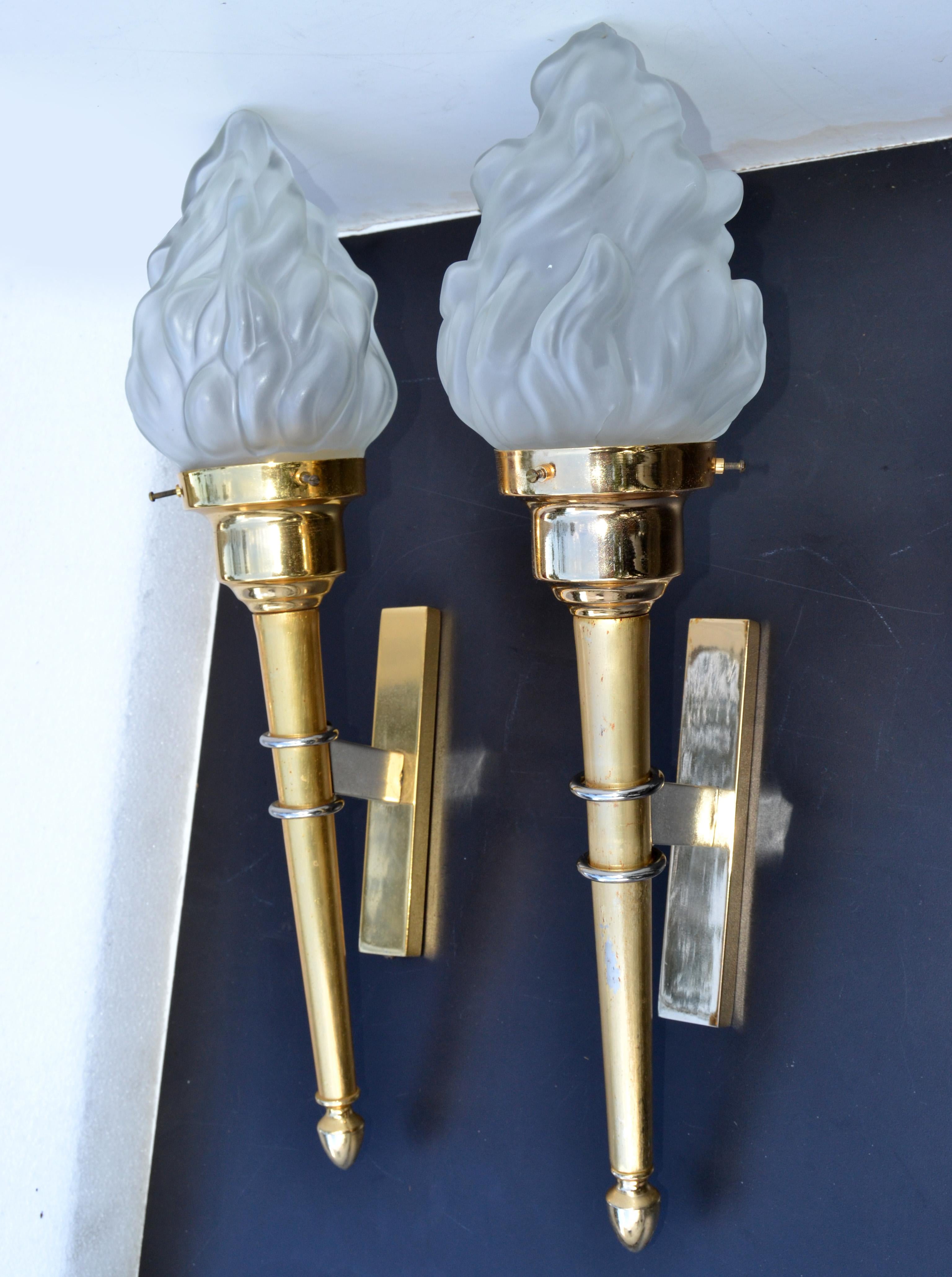 Mid-20th Century Maison Jansen Style Sconces Brass & Blown Glass Flame Shade France 1950, Pair For Sale