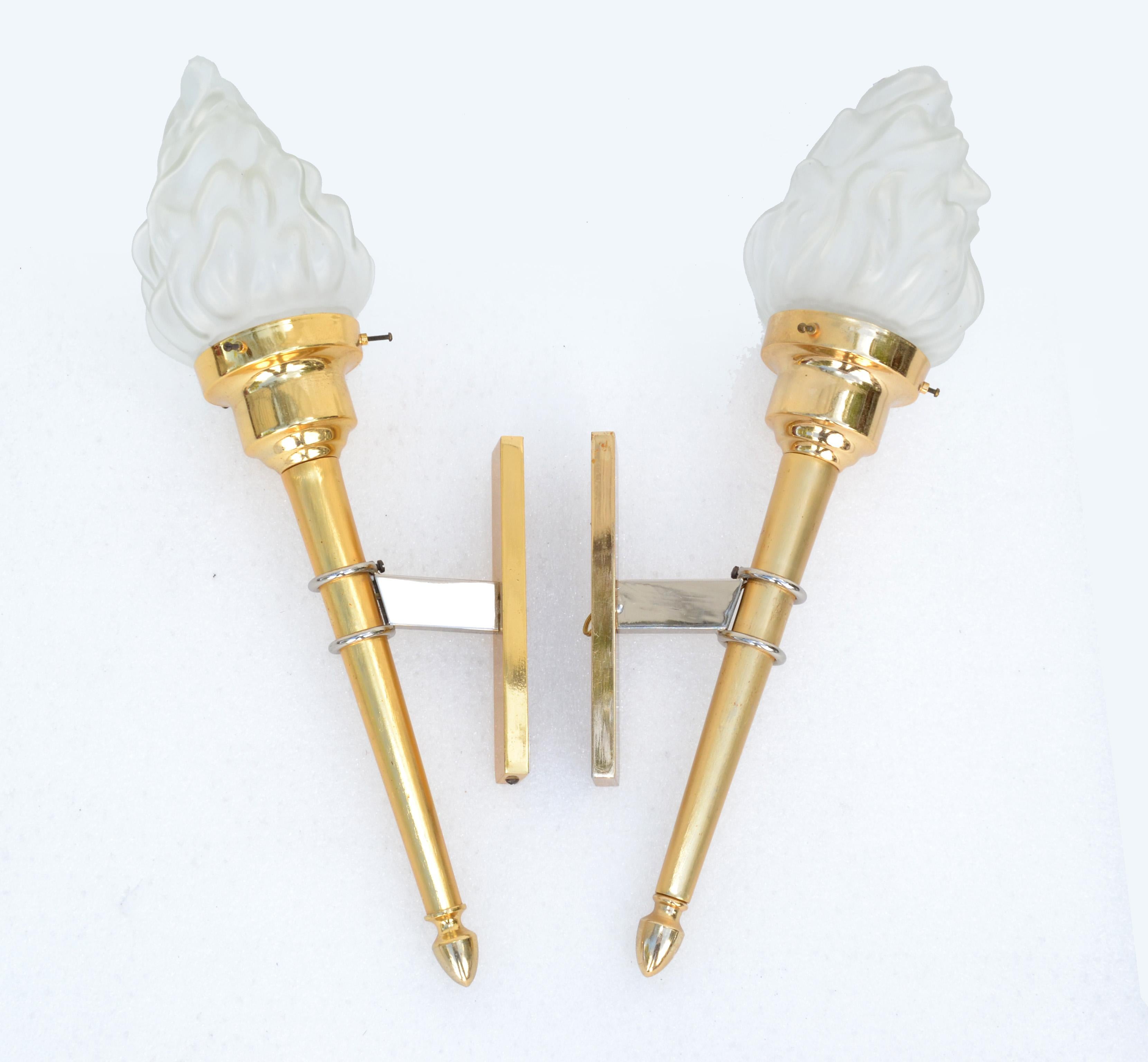 Maison Jansen Style Sconces Brass & Blown Glass Flame Shade France 1950, Pair For Sale 1