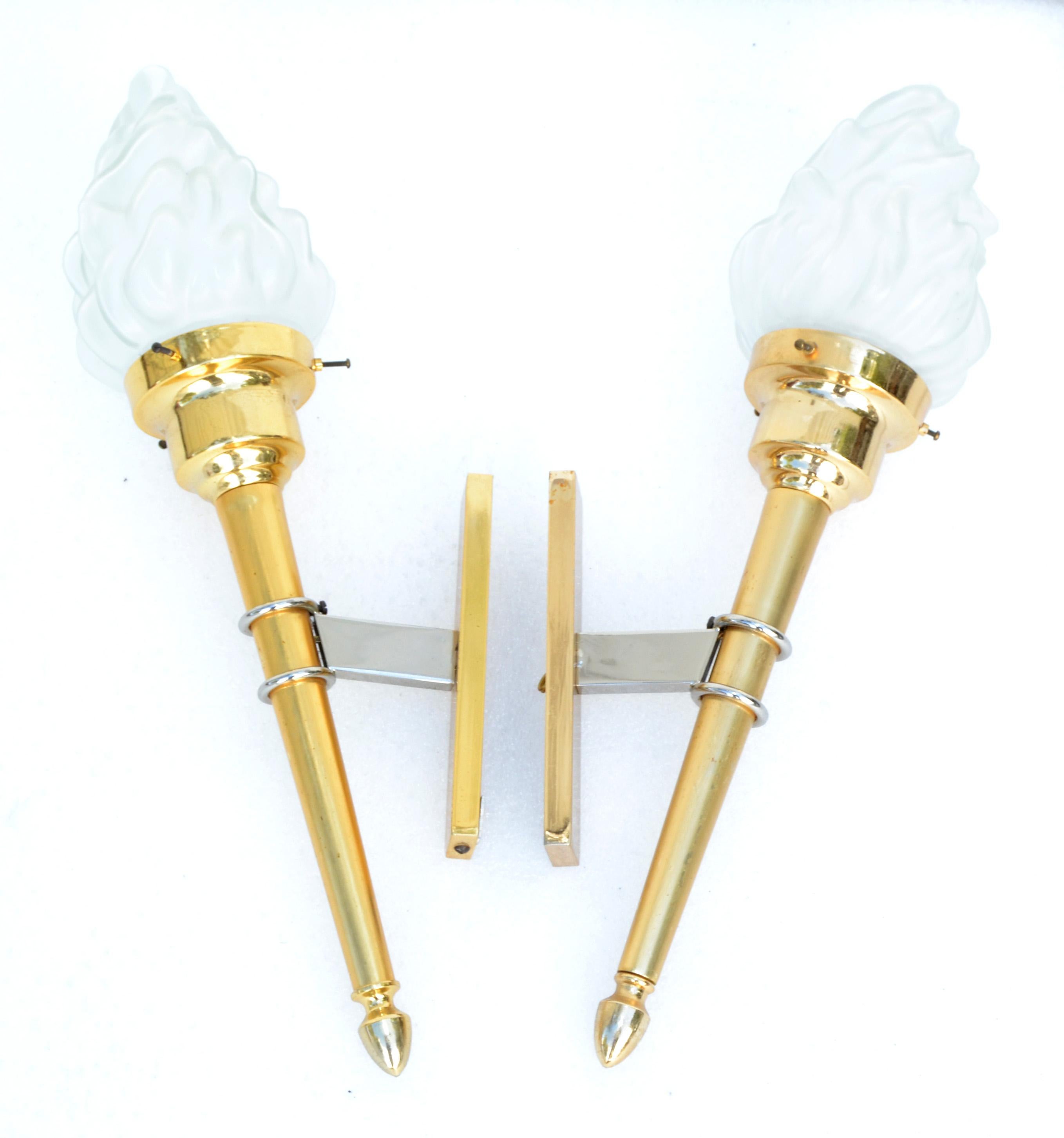 Maison Jansen Style Sconces Brass & Blown Glass Flame Shade France 1950, Pair For Sale 2