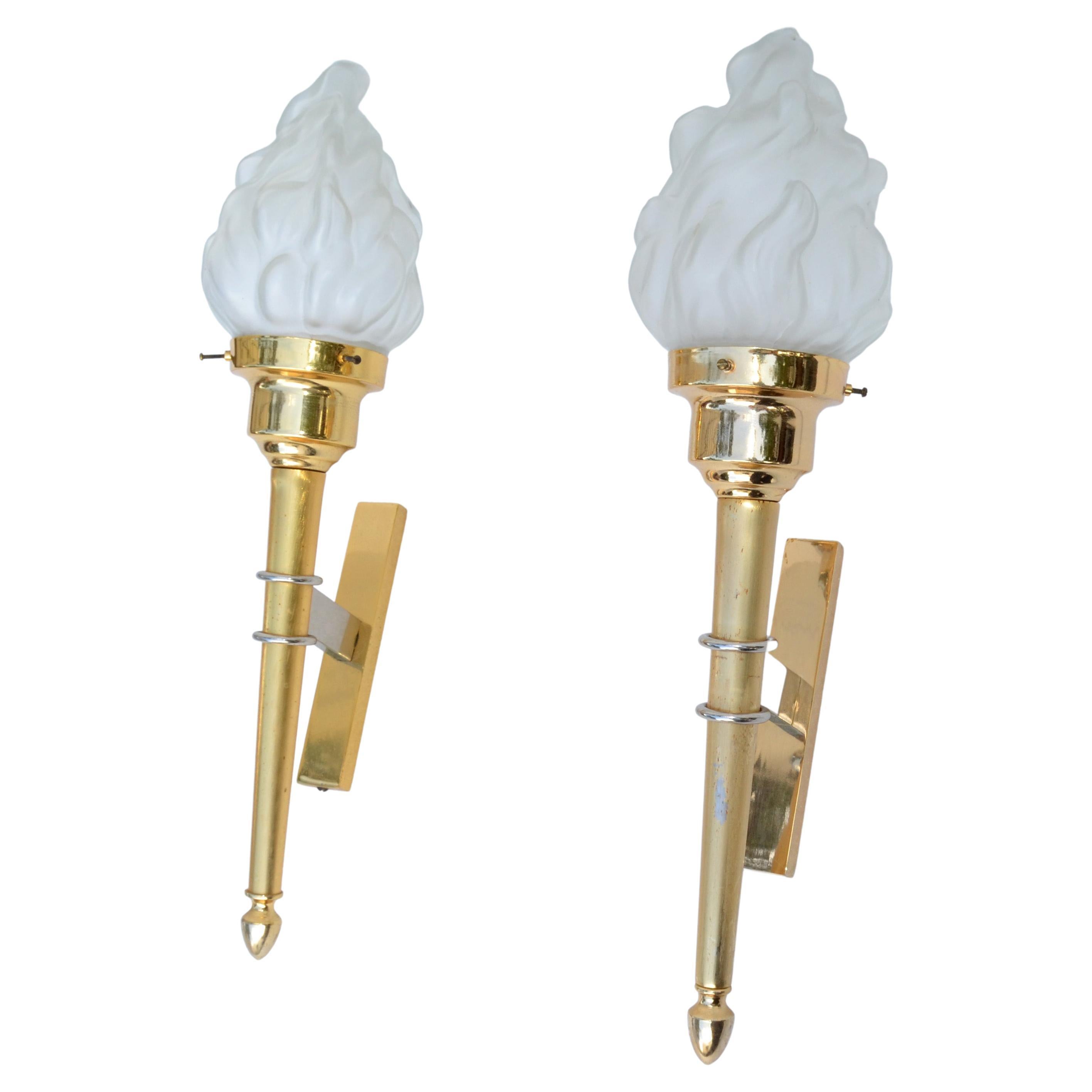 Maison Jansen Style Sconces Brass & Blown Glass Flame Shade France 1950, Pair For Sale