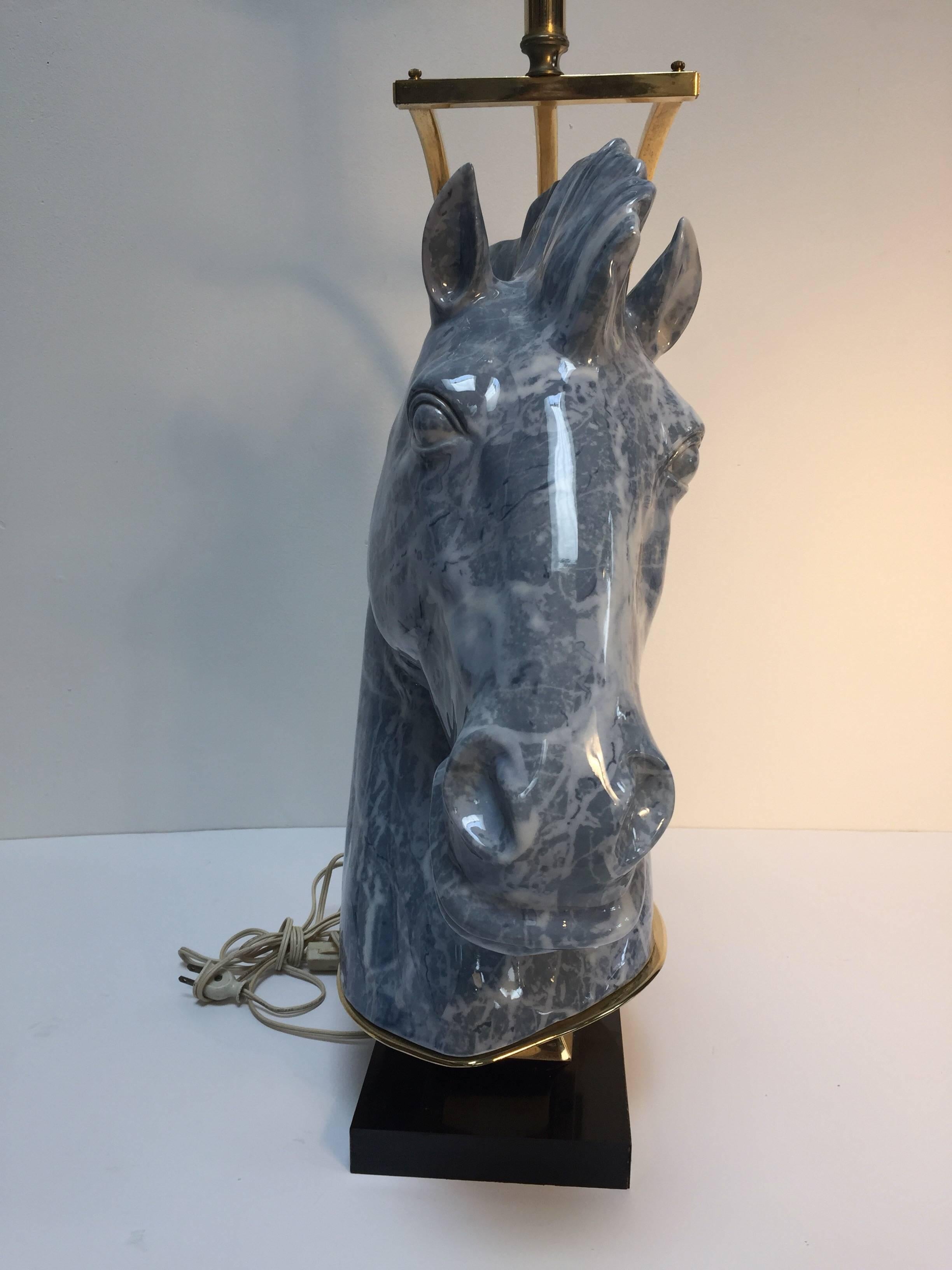 Large Sculptural Art Deco Ceramic Horse Bust Table Lamp with Brass Accent In Good Condition For Sale In North Hollywood, CA