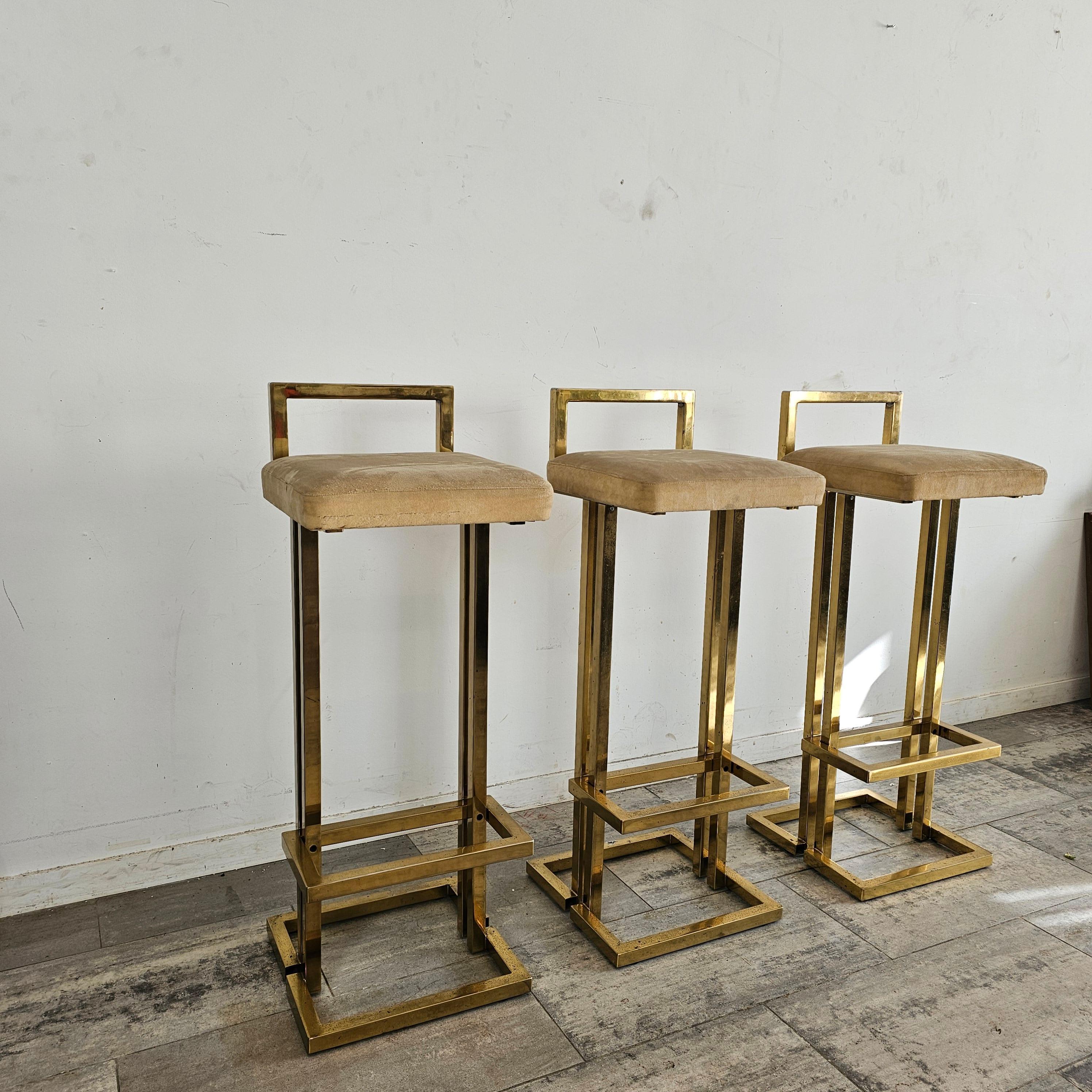Maison Jansen Style Set of 3 Brass  Bar Stools 1980s In Good Condition For Sale In Waasmunster, BE