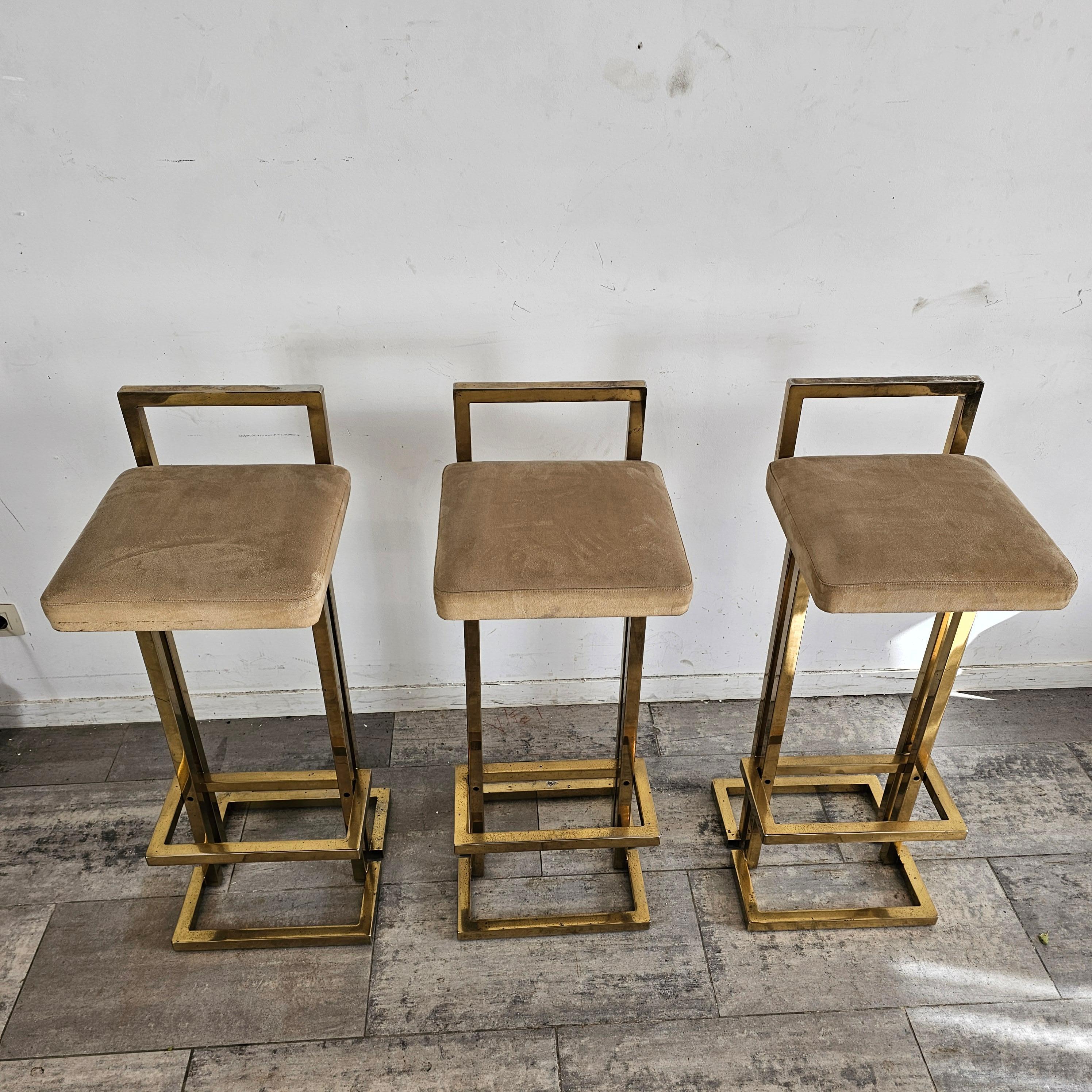 Late 20th Century Maison Jansen Style Set of 3 Brass  Bar Stools 1980s For Sale
