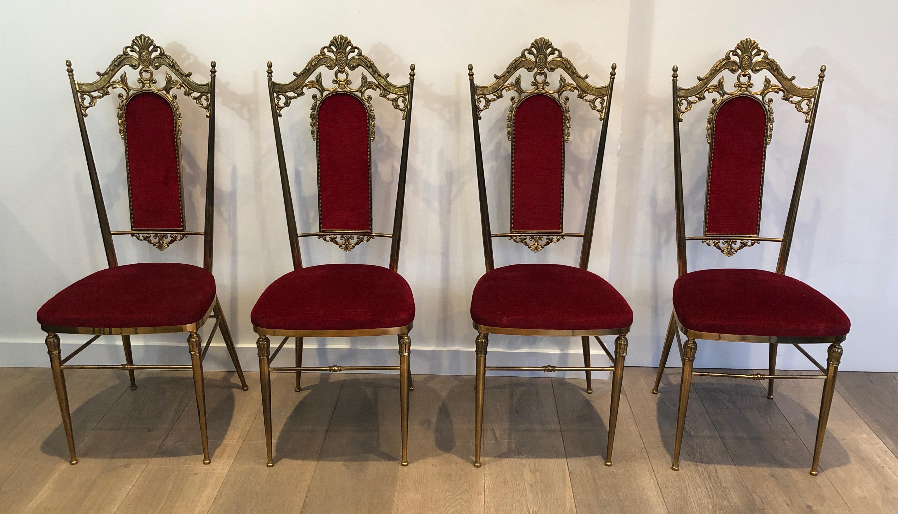 Set of Four Neoclassical Style Brass & Red Velvet Chairs in Maison Jansen Style For Sale 6