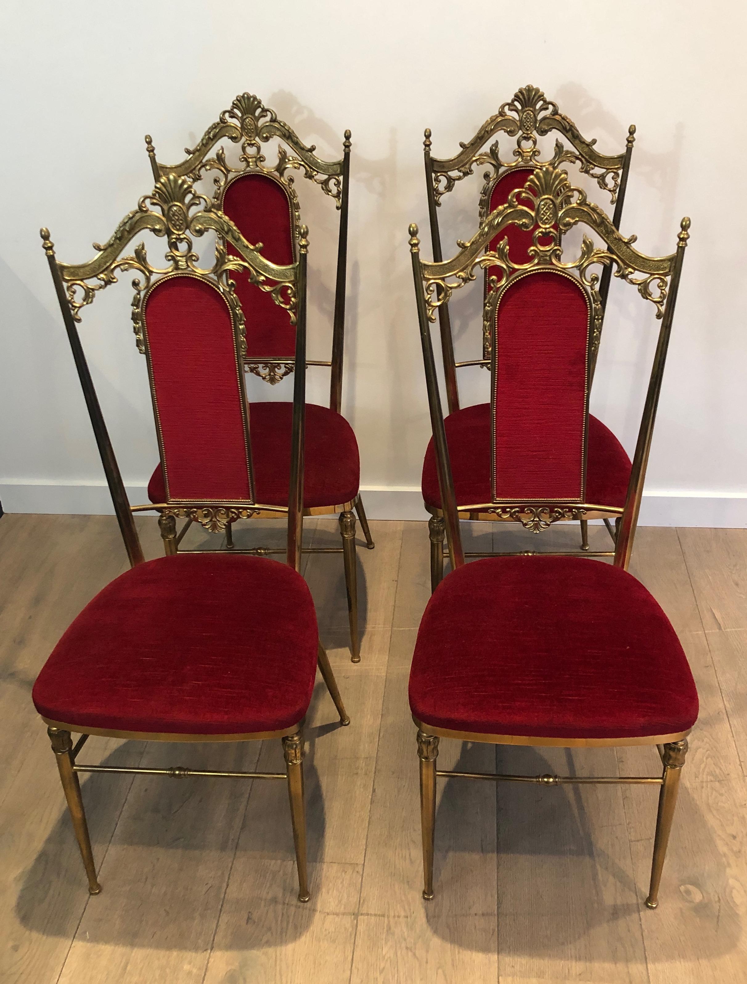 Set of Four Neoclassical Style Brass & Red Velvet Chairs in Maison Jansen Style For Sale 12