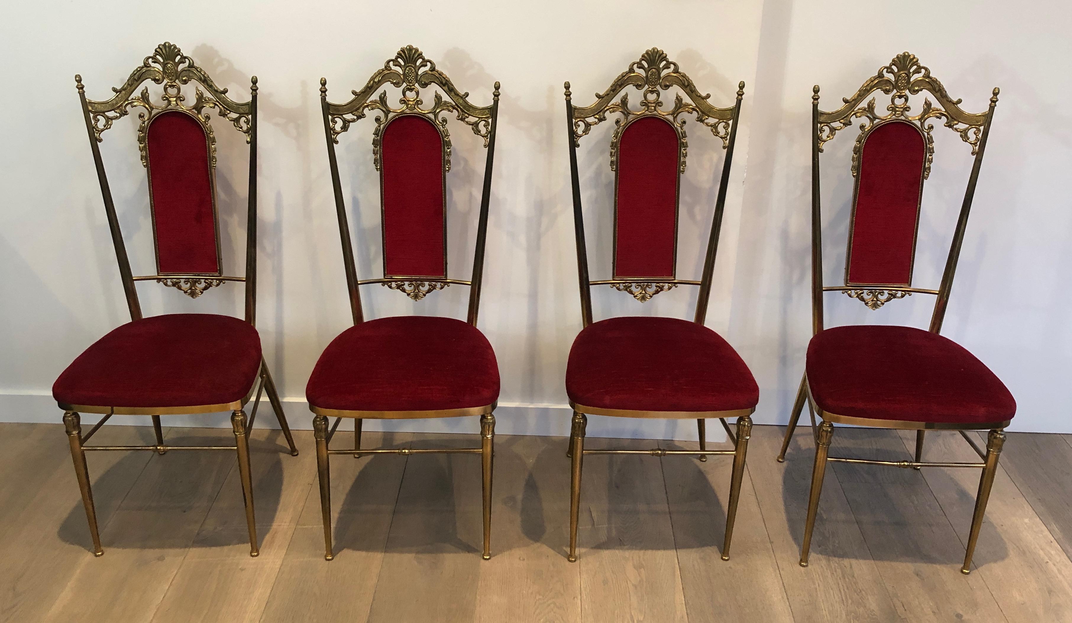 Set of Four Neoclassical Style Brass & Red Velvet Chairs in Maison Jansen Style For Sale 13