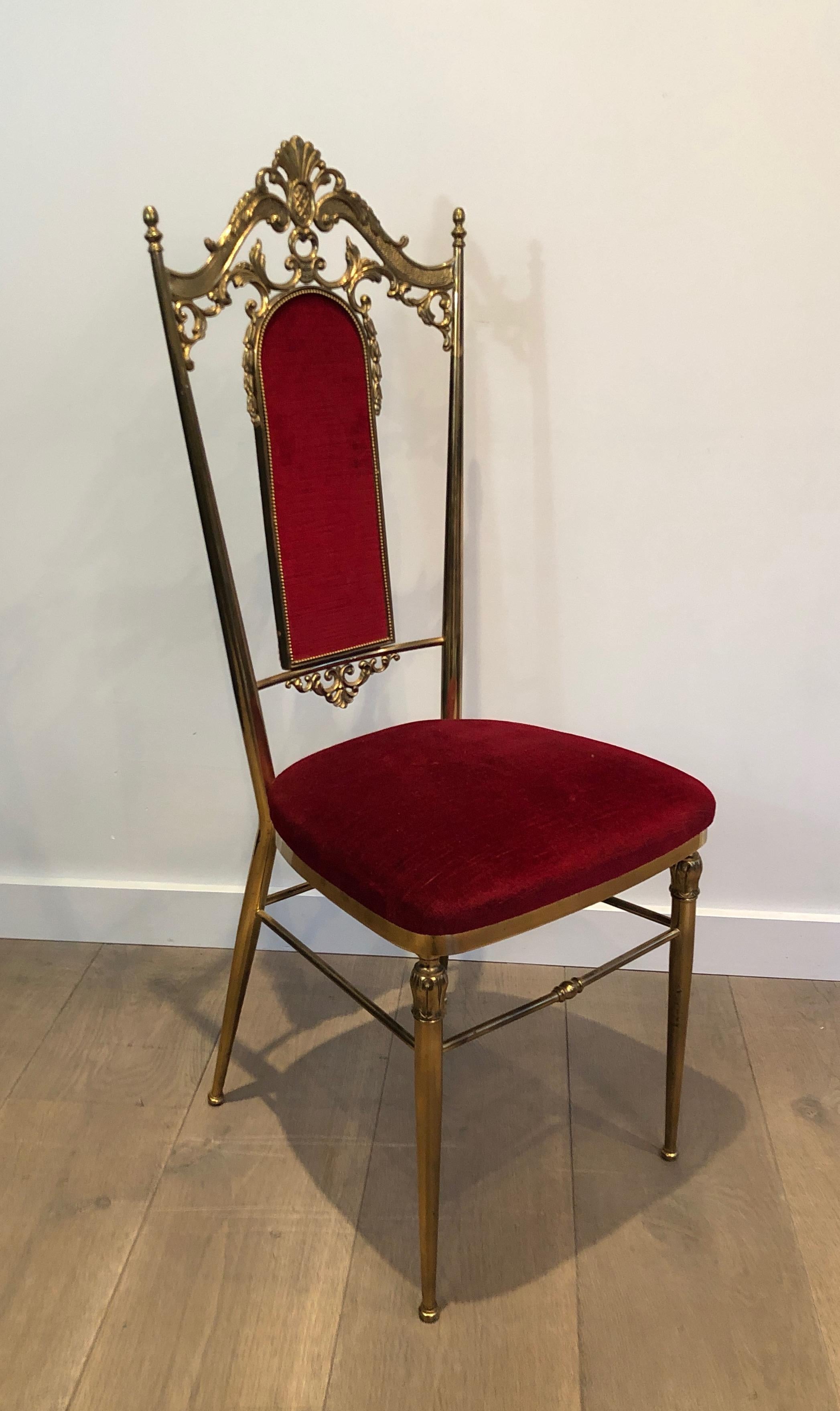 French Set of Four Neoclassical Style Brass & Red Velvet Chairs in Maison Jansen Style For Sale