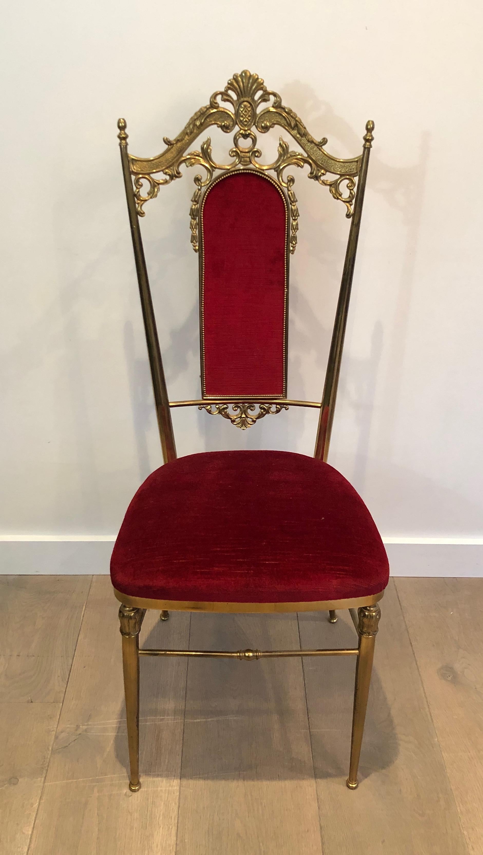 Set of Four Neoclassical Style Brass & Red Velvet Chairs in Maison Jansen Style In Good Condition For Sale In Marcq-en-Barœul, Hauts-de-France