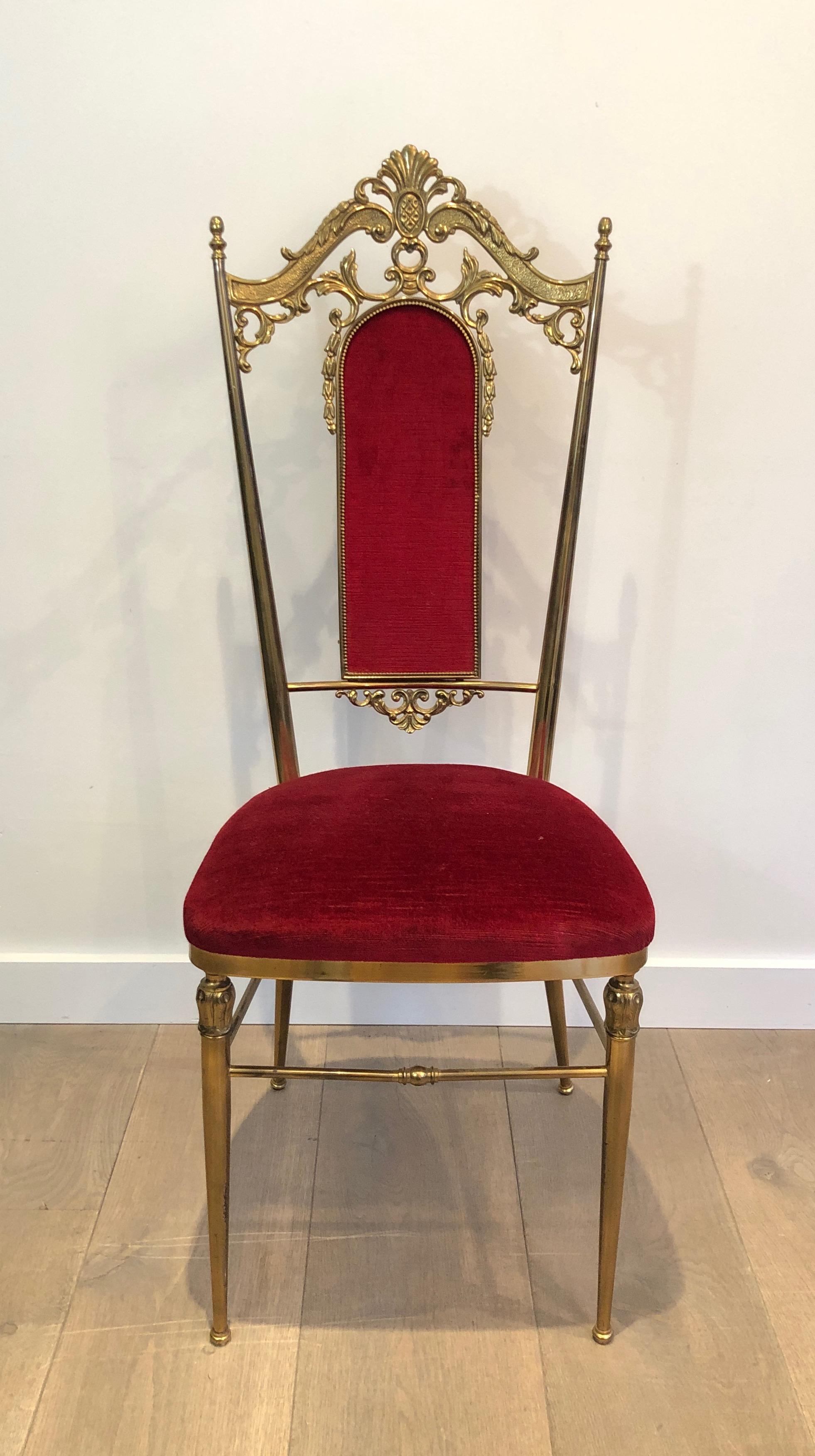Mid-20th Century Set of Four Neoclassical Style Brass & Red Velvet Chairs in Maison Jansen Style For Sale