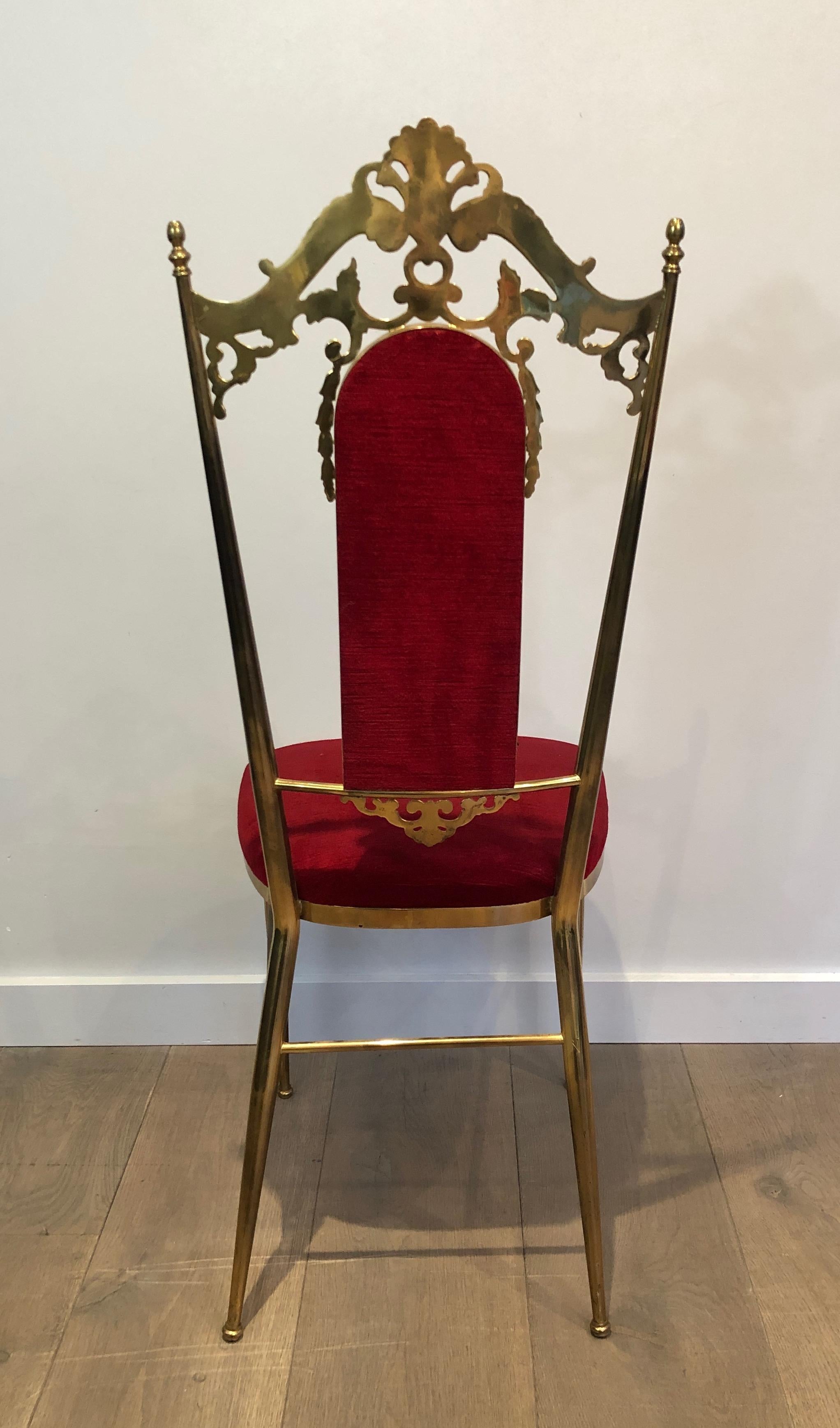 Set of Four Neoclassical Style Brass & Red Velvet Chairs in Maison Jansen Style For Sale 1
