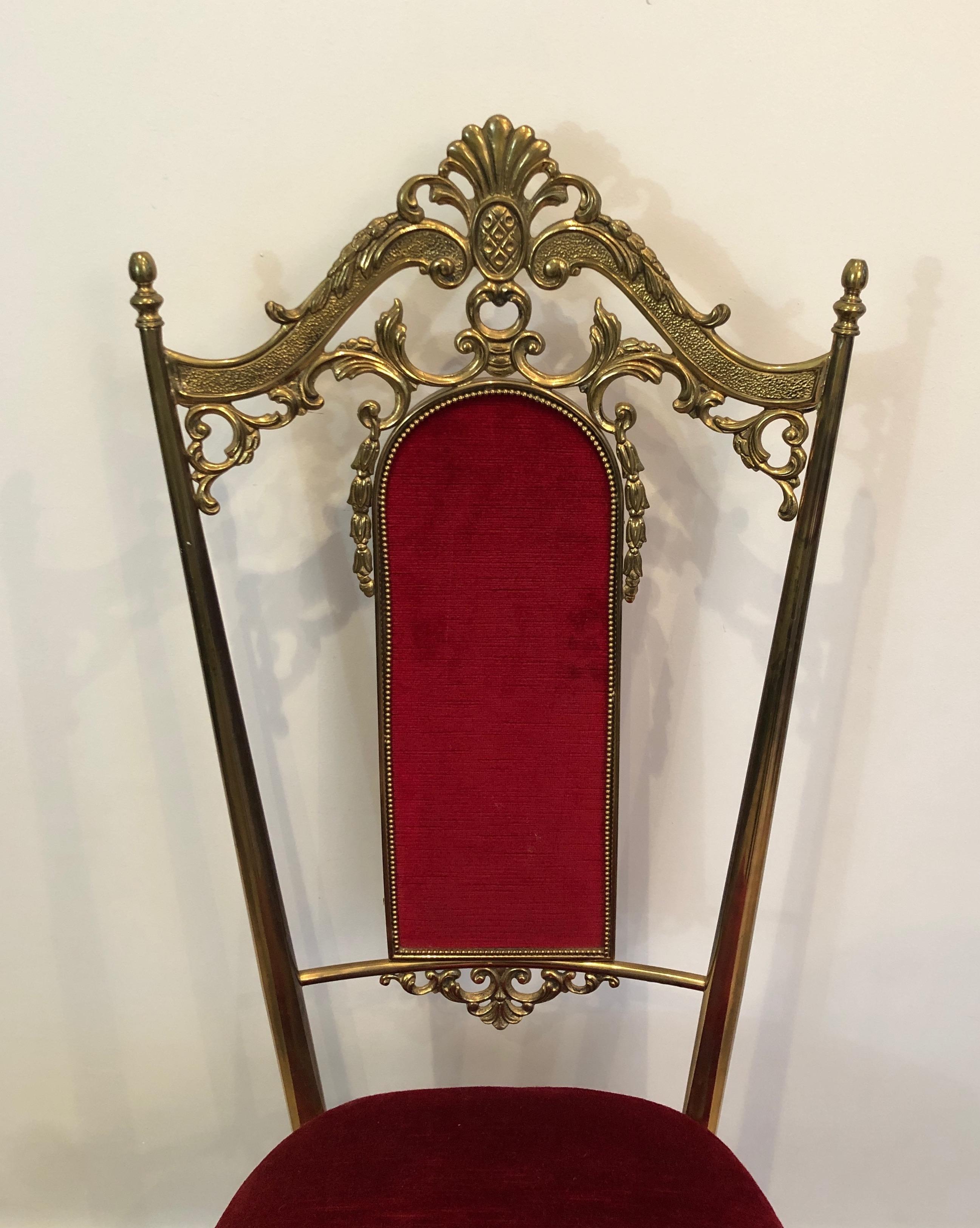 Set of Four Neoclassical Style Brass & Red Velvet Chairs in Maison Jansen Style For Sale 2