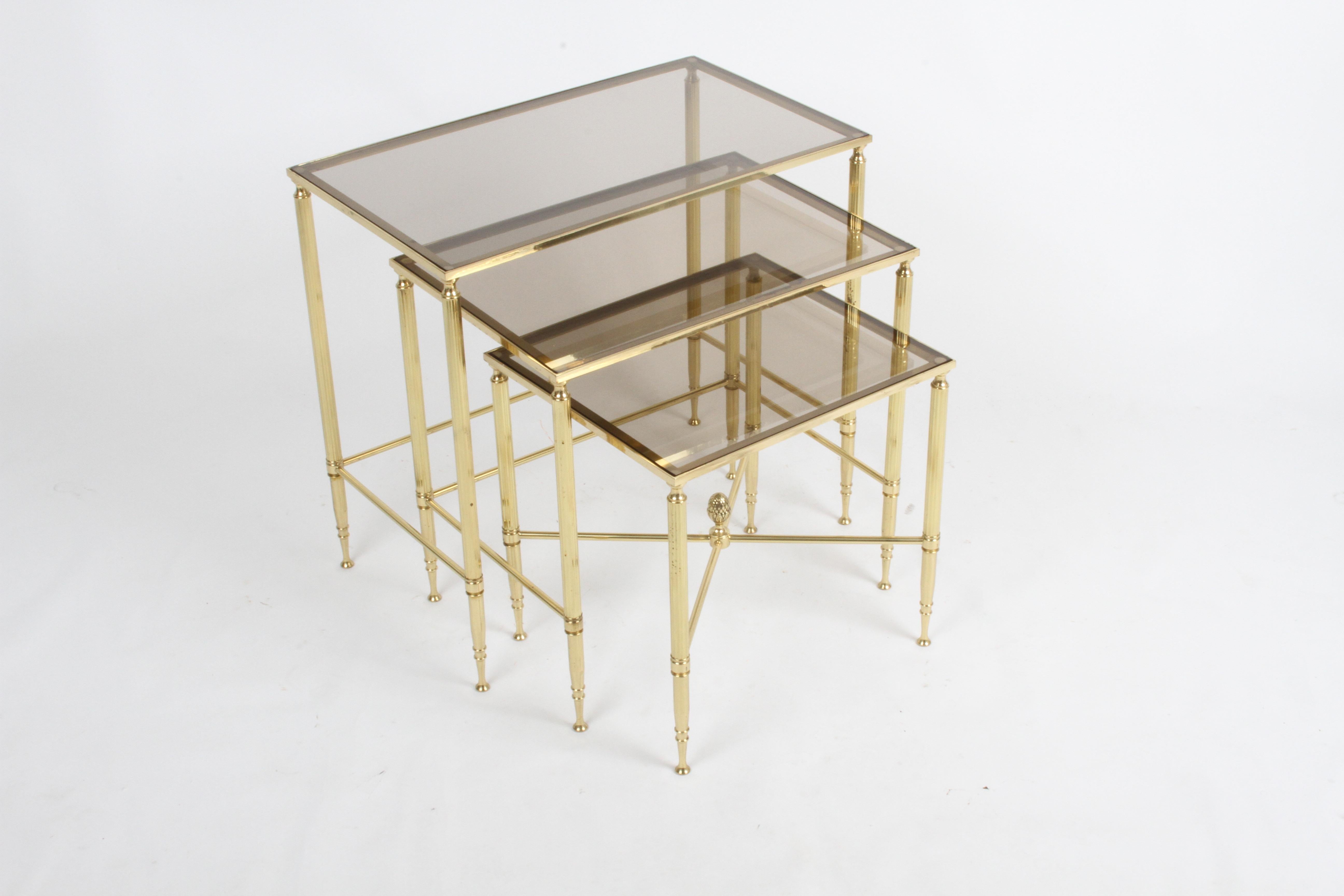 French Maison Jansen Style, Set of Three Neo-Classical Bronze & Glass Nesting Tables