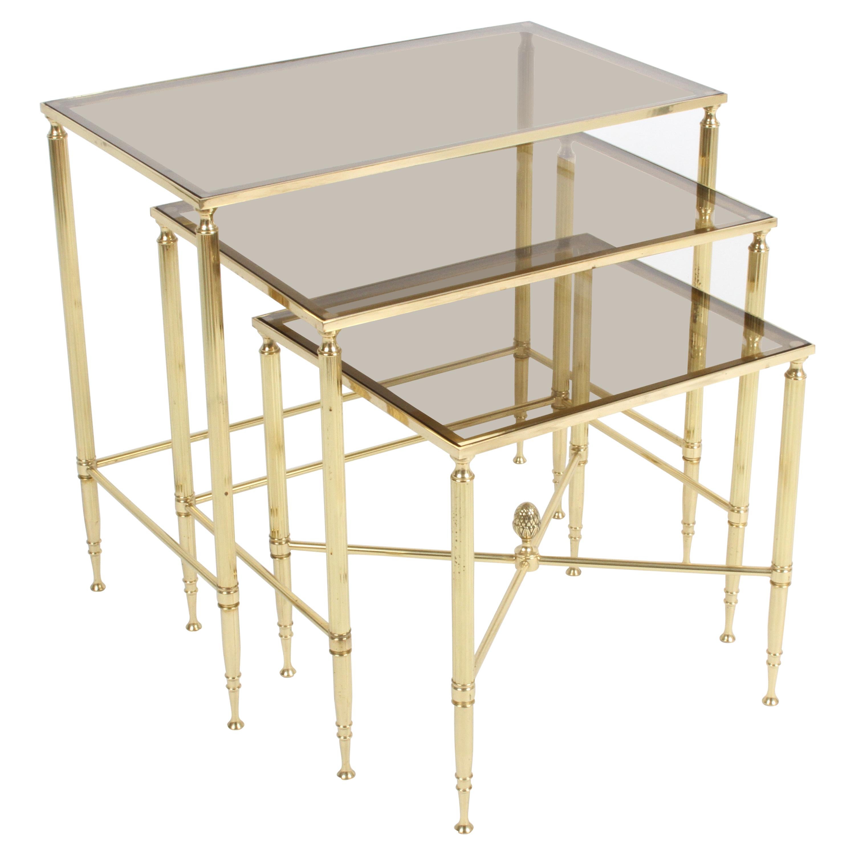 Maison Jansen Style, Set of Three Neo-Classical Bronze & Glass Nesting Tables