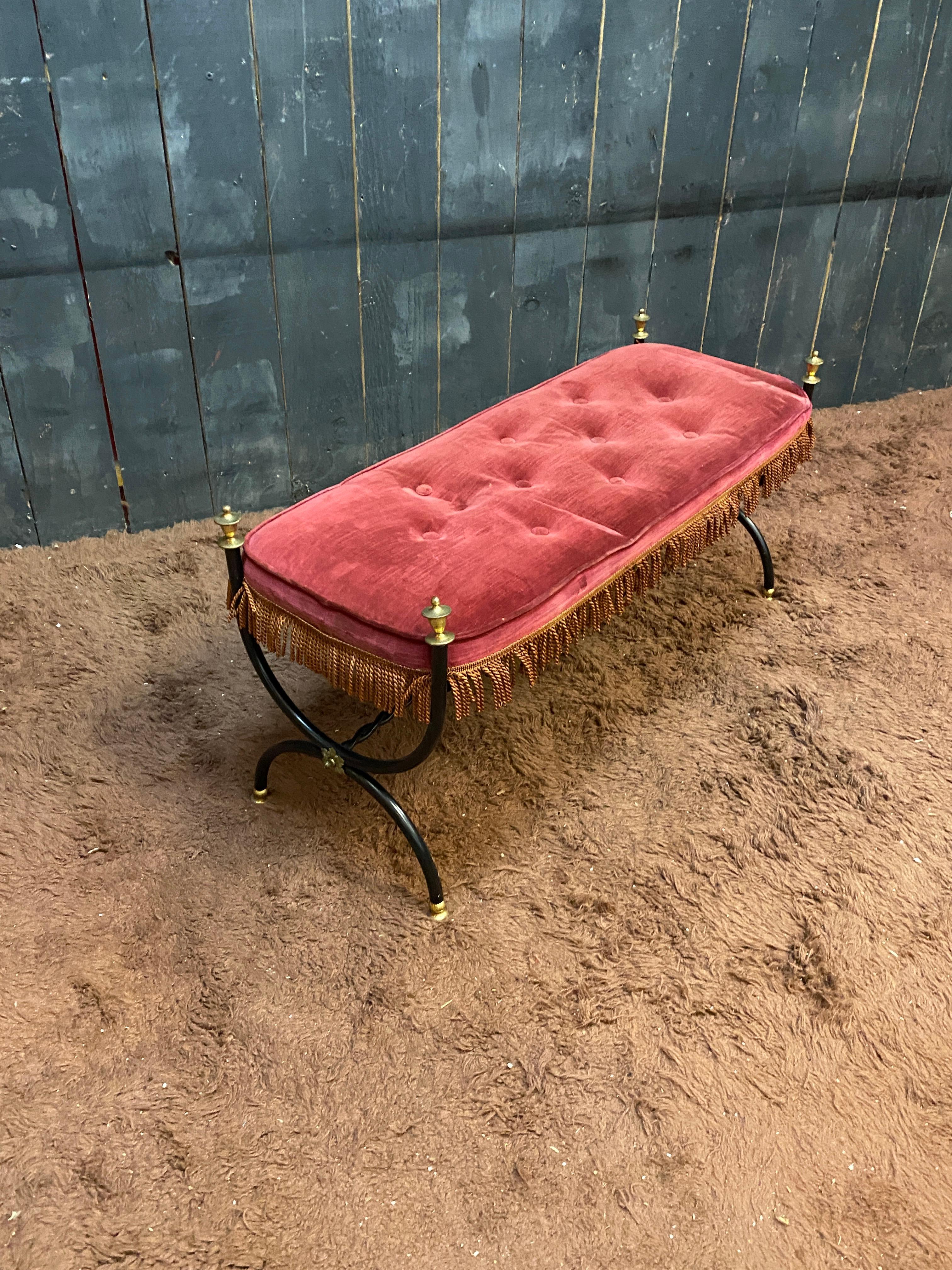 Maison Jansen style Small bench in lacquered metal, brass and velvet circa 1950 For Sale 4