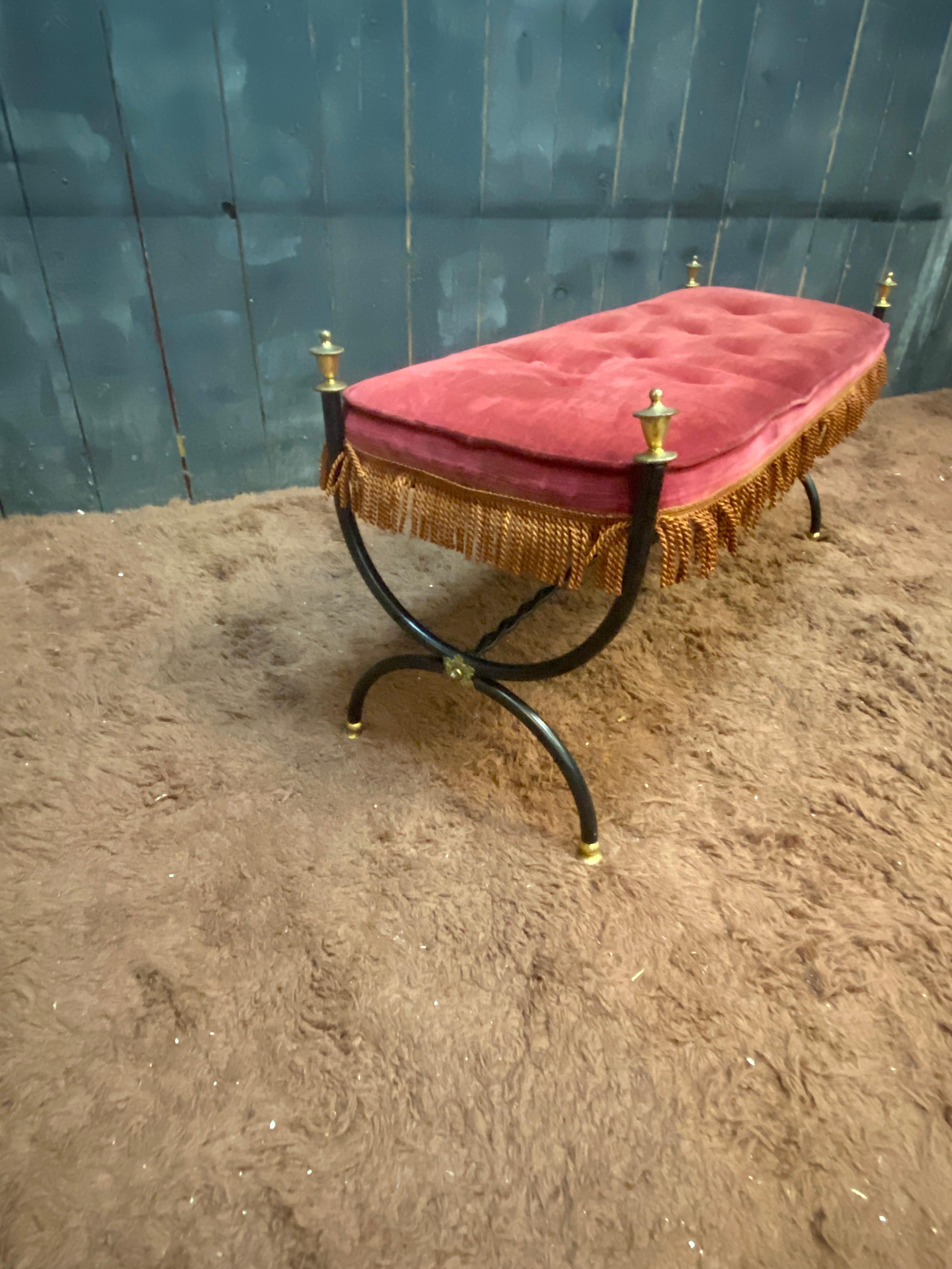 Maison Jansen style Small bench in lacquered metal, brass and velvet circa 1950
