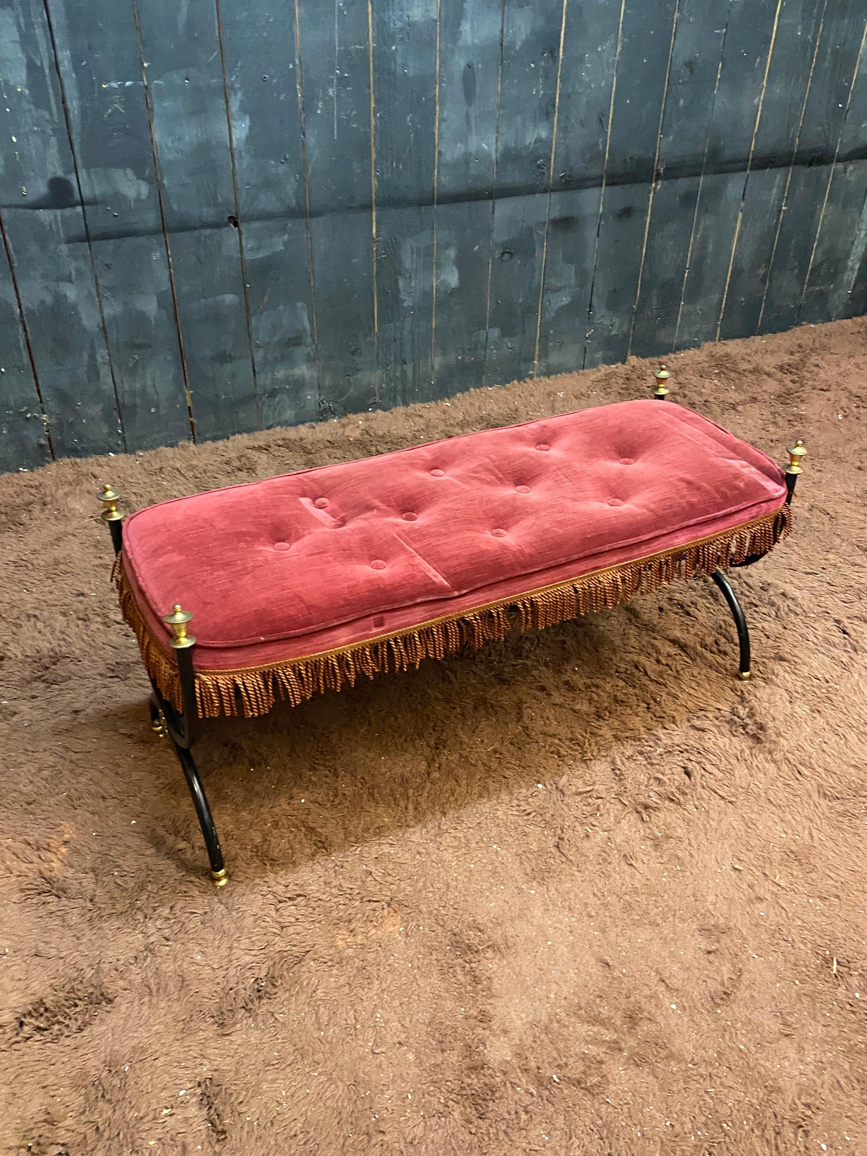 Mid-Century Modern Maison Jansen style Small bench in lacquered metal, brass and velvet circa 1950 For Sale