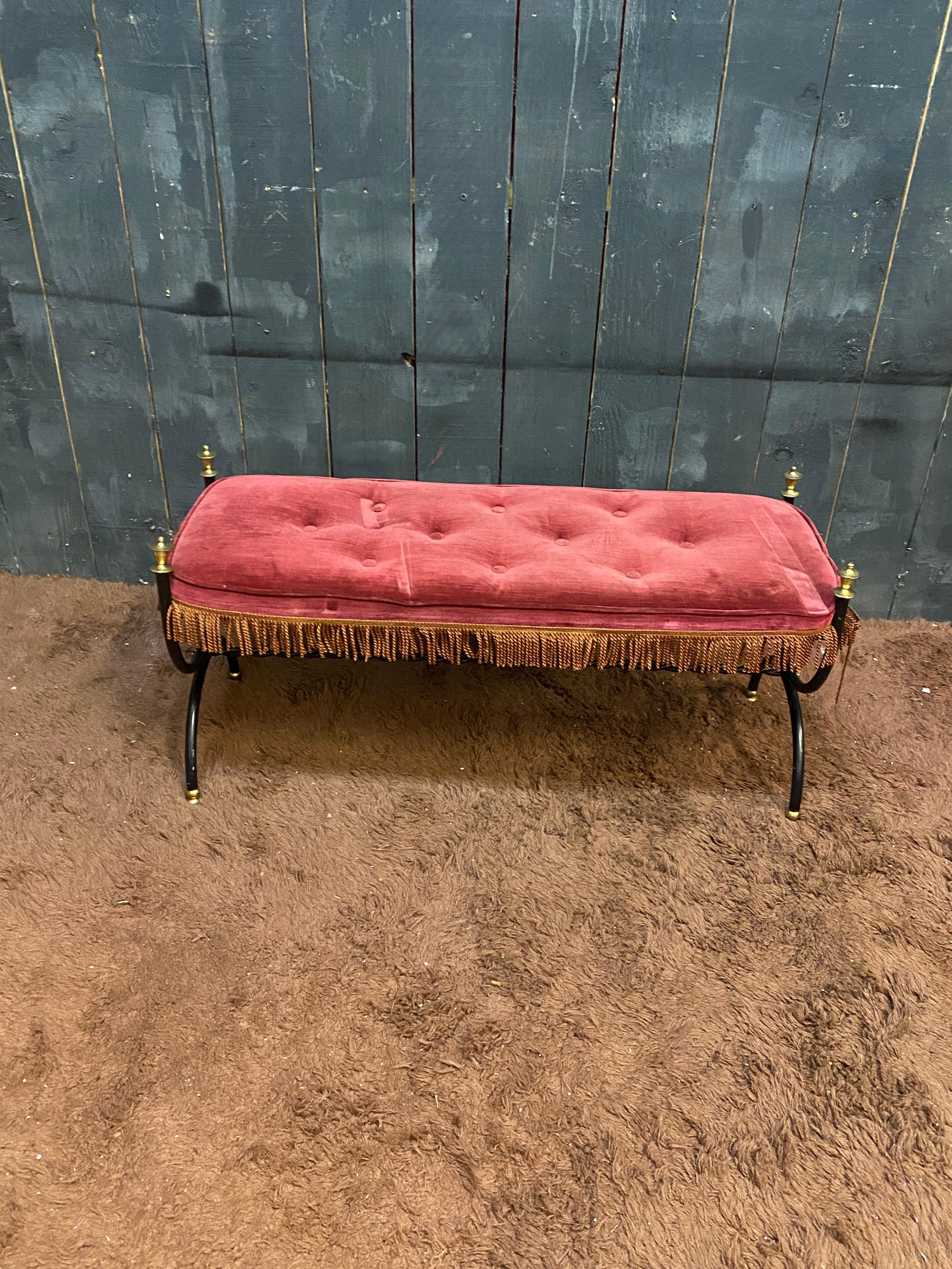 French Maison Jansen style Small bench in lacquered metal, brass and velvet circa 1950 For Sale