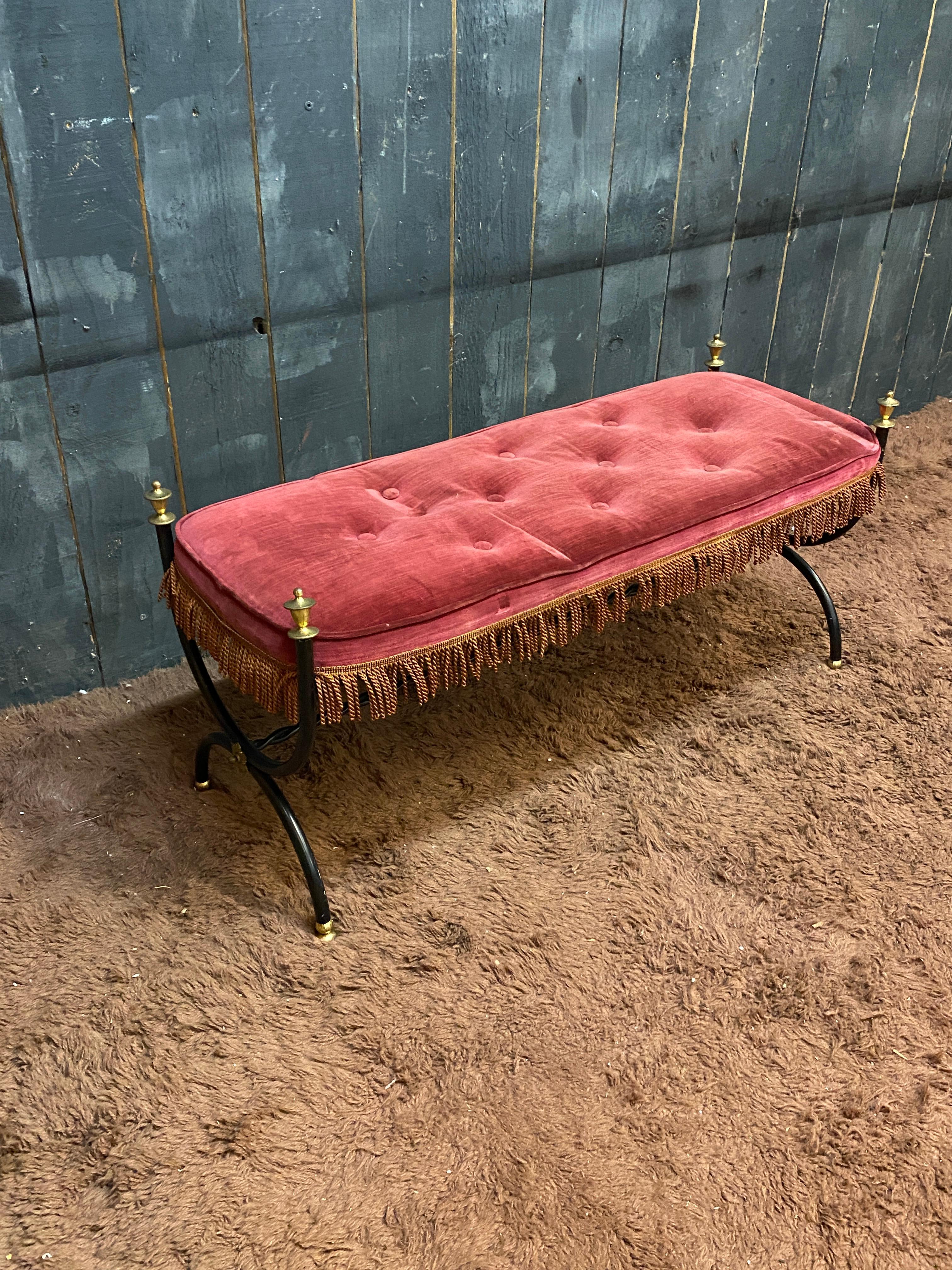Lacquered Maison Jansen style Small bench in lacquered metal, brass and velvet circa 1950 For Sale