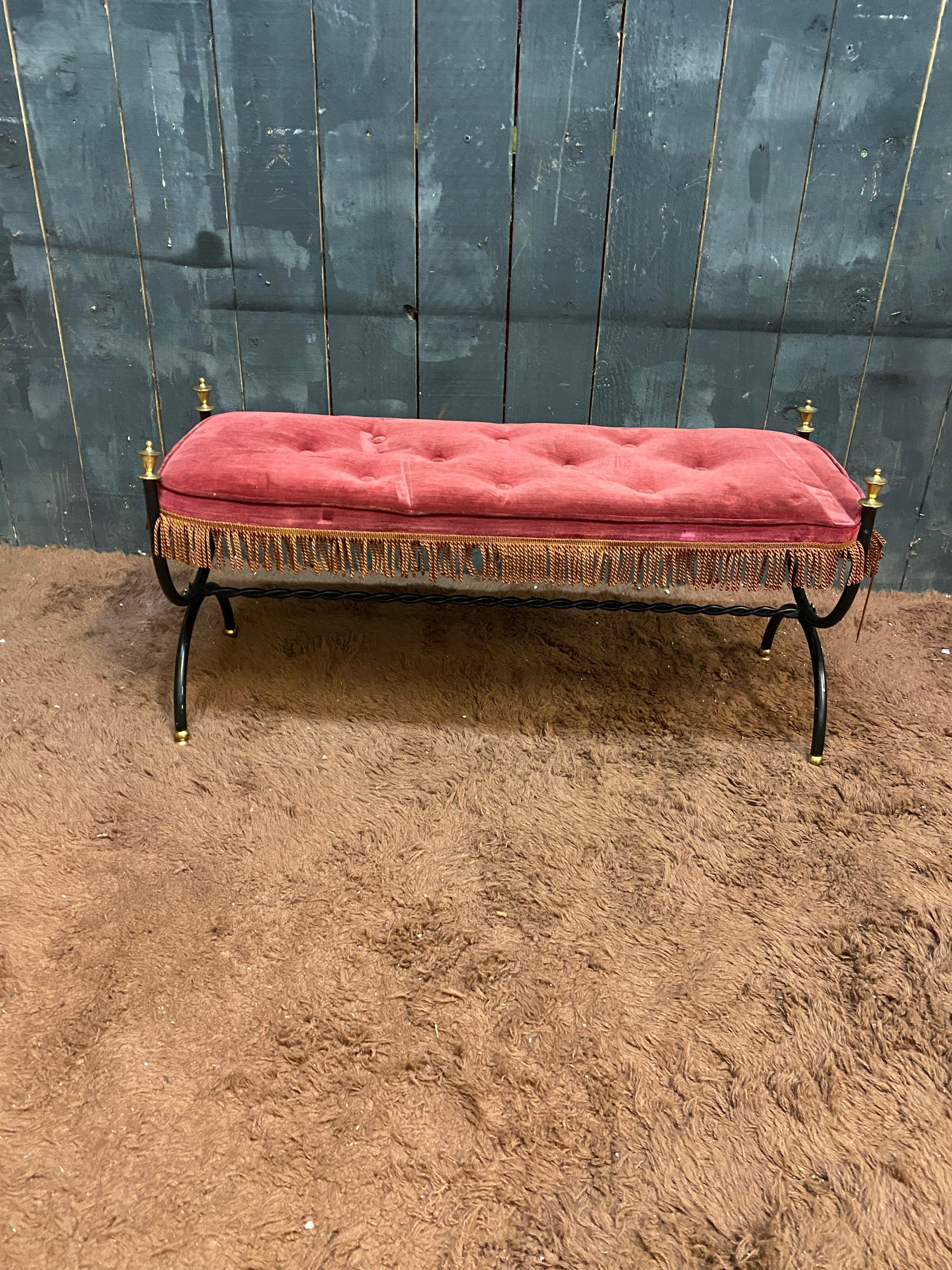 Maison Jansen style Small bench in lacquered metal, brass and velvet circa 1950 In Good Condition For Sale In Saint-Ouen, FR