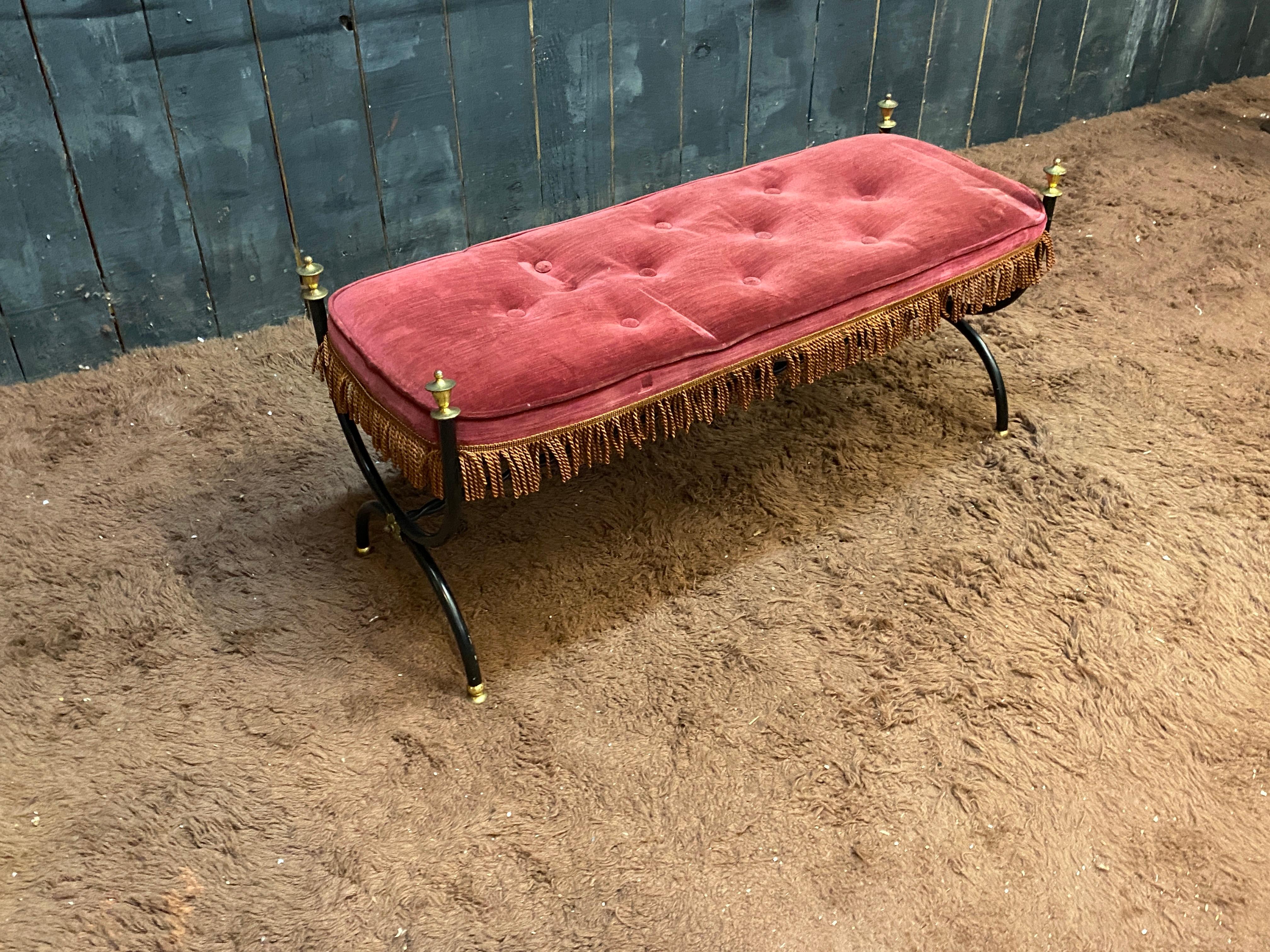 Mid-20th Century Maison Jansen style Small bench in lacquered metal, brass and velvet circa 1950 For Sale