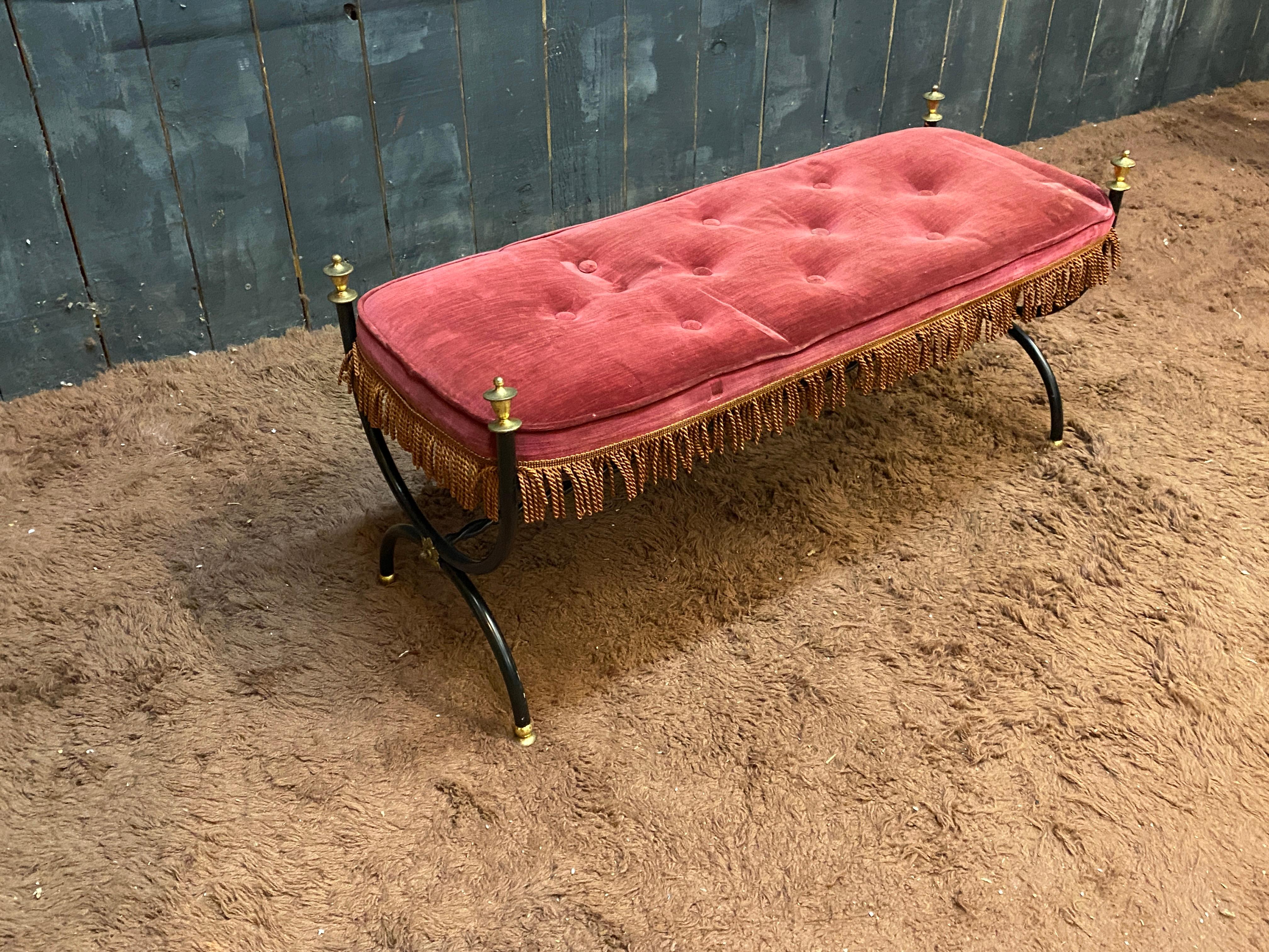 Metal Maison Jansen style Small bench in lacquered metal, brass and velvet circa 1950 For Sale