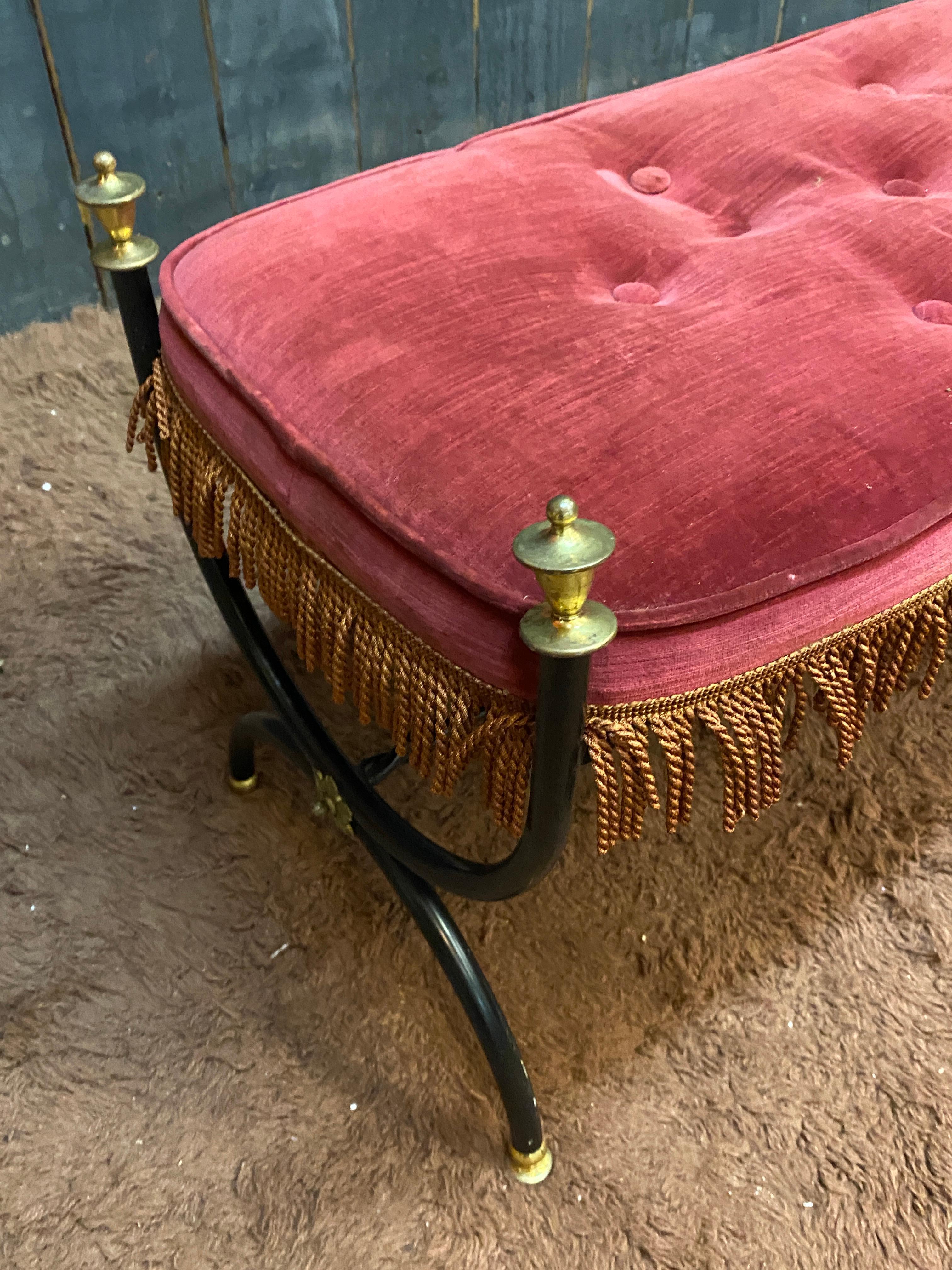 Maison Jansen style Small bench in lacquered metal, brass and velvet circa 1950 For Sale 1