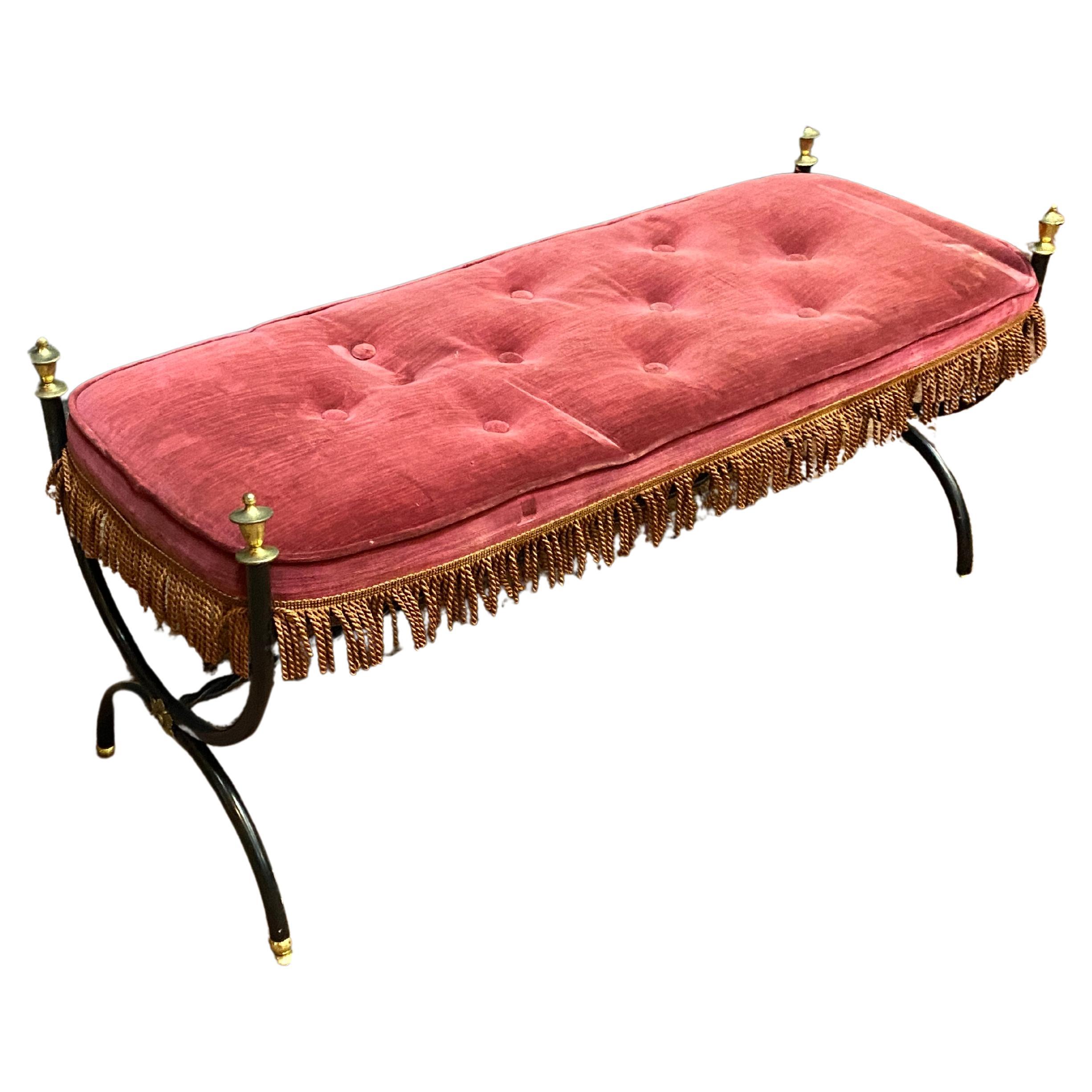 Maison Jansen style Small bench in lacquered metal, brass and velvet circa 1950 For Sale