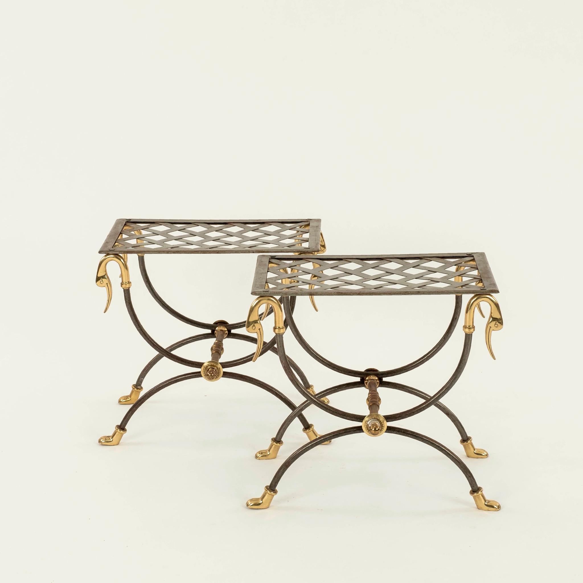 Neoclassical Revival Maison Jansen Style Steel and Brass Curule Ottoman
