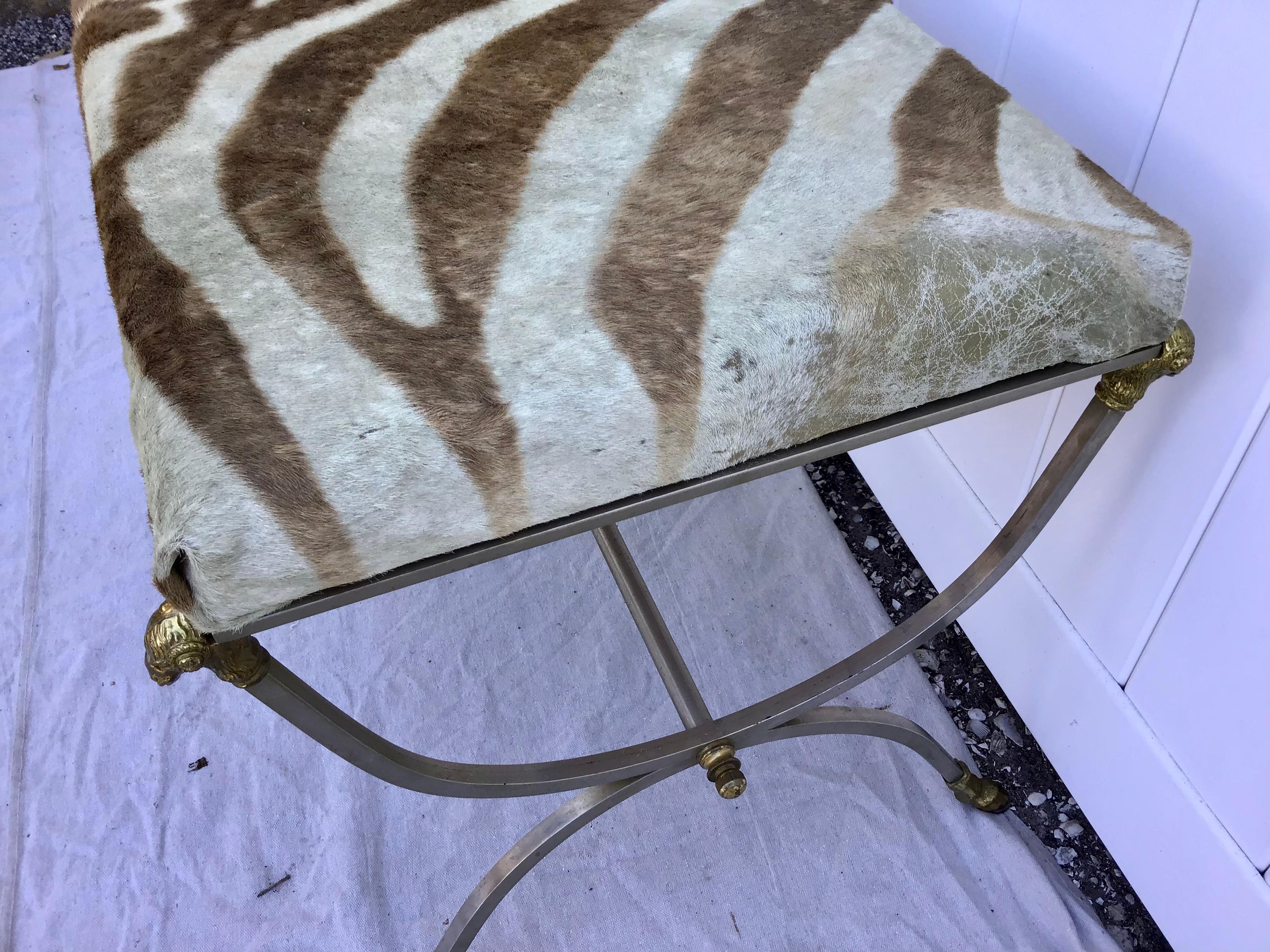 Maison Jansen Style Steel and Brass Neoclassic Zebra Hide Bench 1
