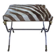 Maison Jansen Style Steel and Brass Neoclassic Zebra Hide Bench