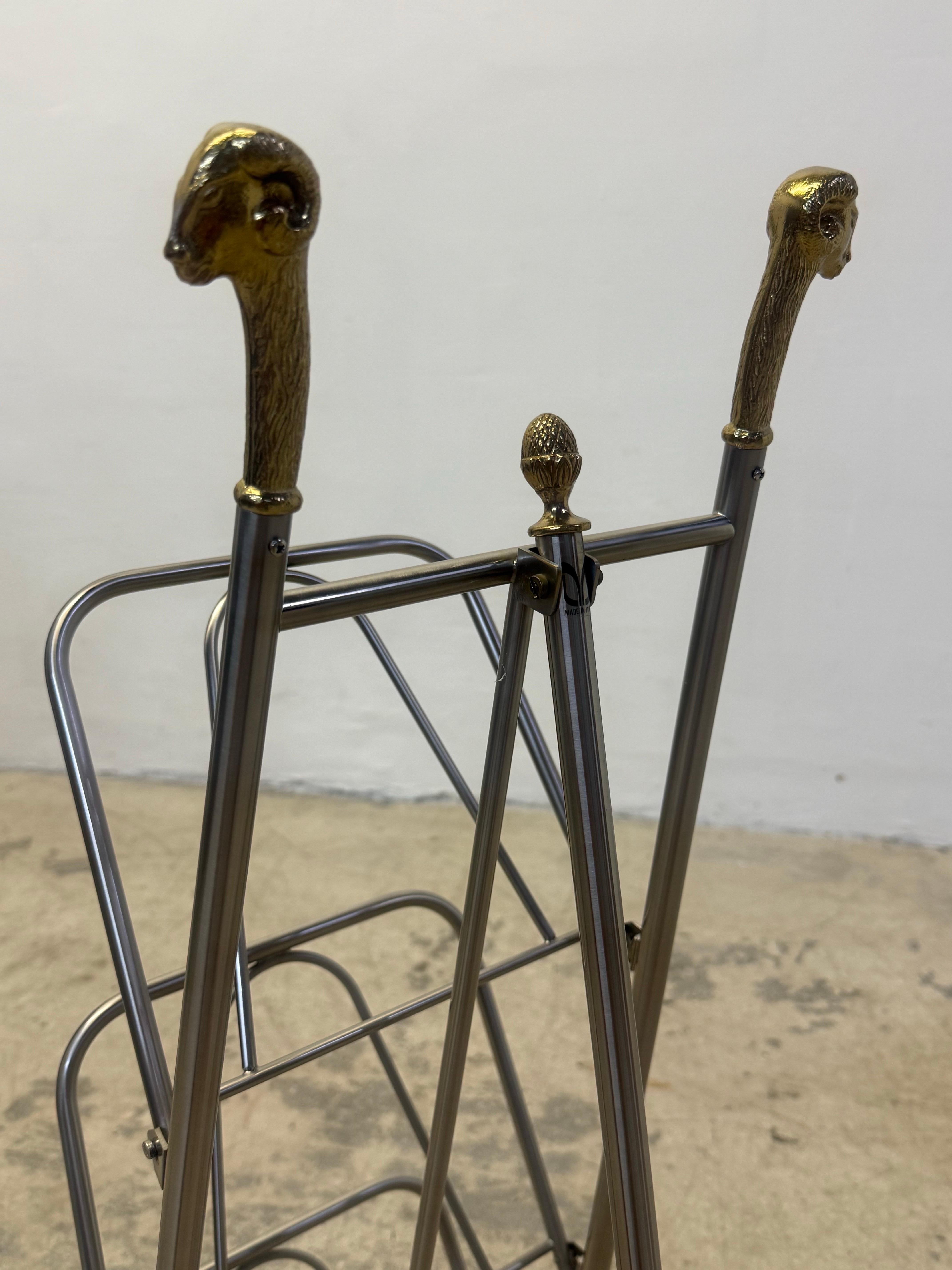 Maison Jansen Style Steel and Brass Rams Head and Feet Magazine Rack, Italy For Sale 5