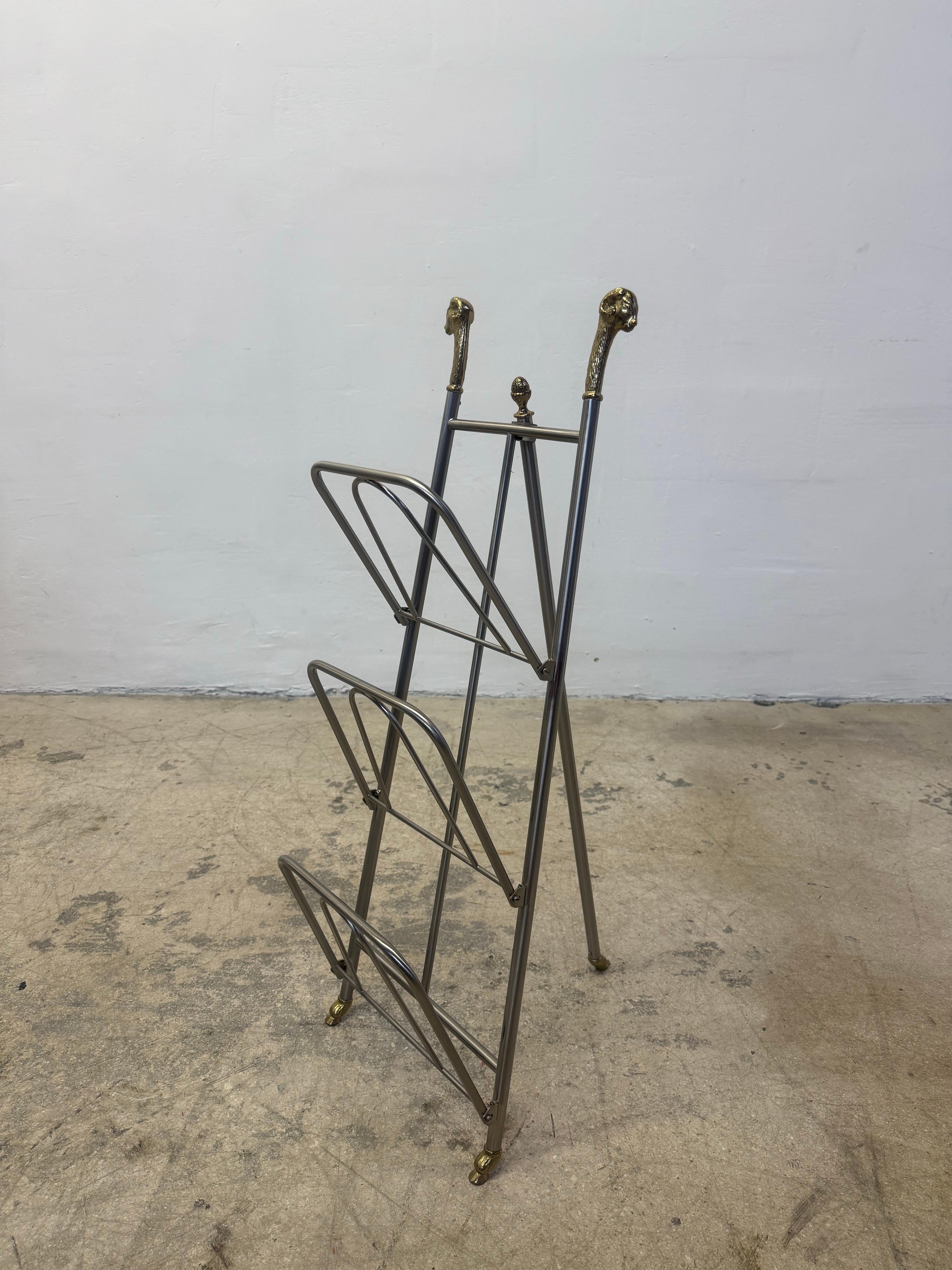 Maison Jansen Style Steel and Brass Rams Head and Feet Magazine Rack, Italy In Good Condition For Sale In Miami, FL